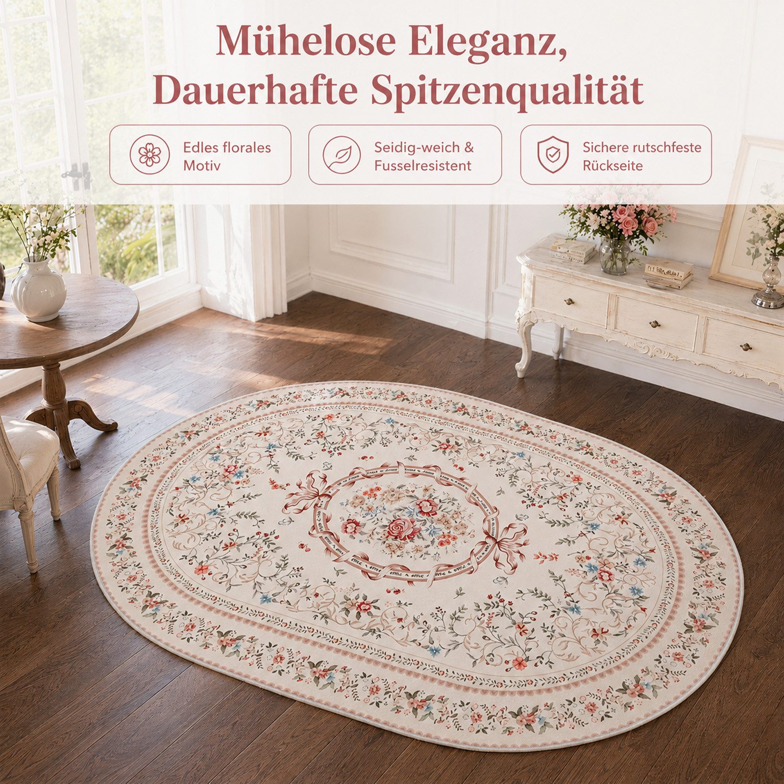 Youyijia Teppich Samtteppich Oval 227x160cm, Vintage Blumenteppich Wohnzimmer – Bild 3 von 5