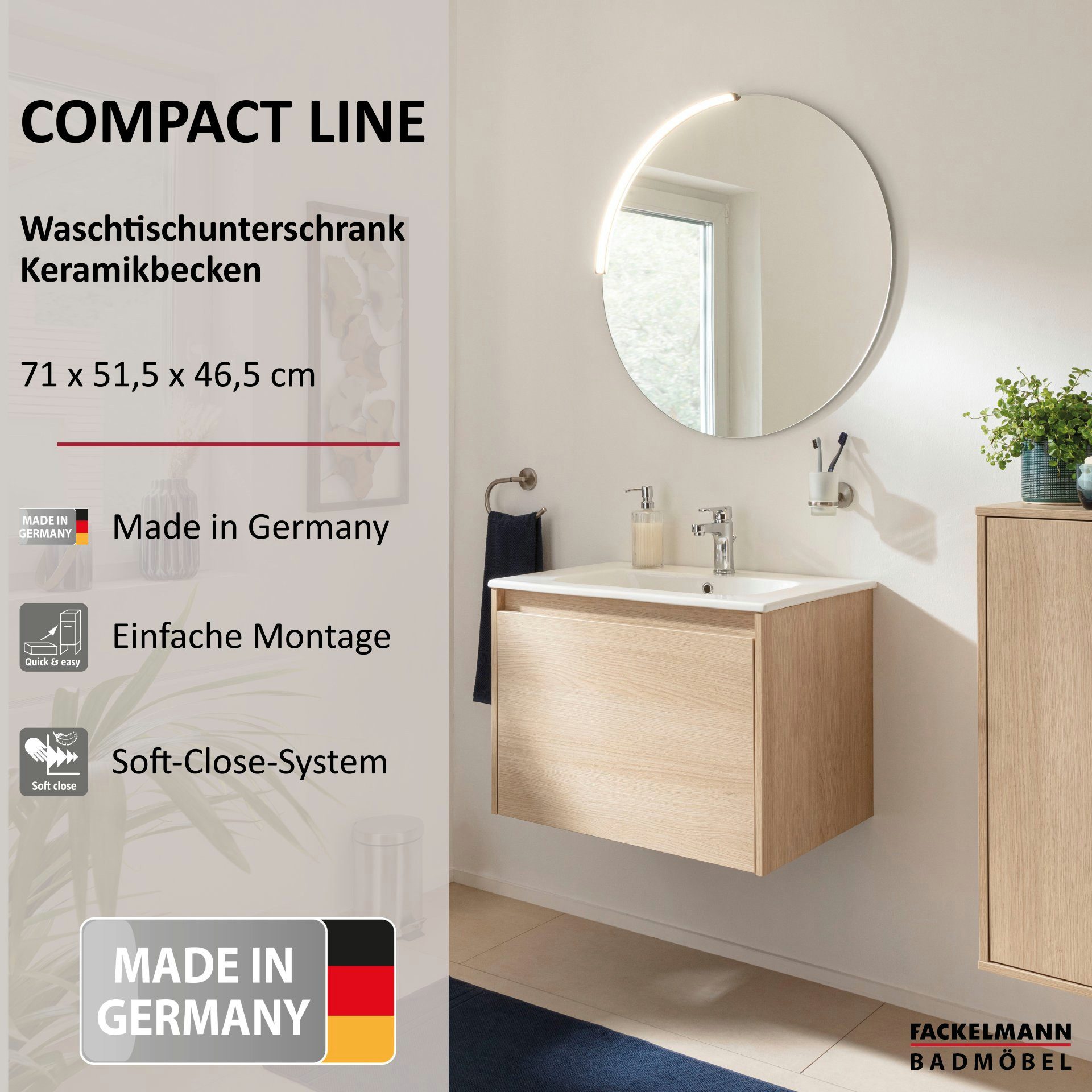 FACKELMANN Badmöbel-Set Waschtisch-Kombination, Badezimmermöbel-Set, Keramikwaschbecken