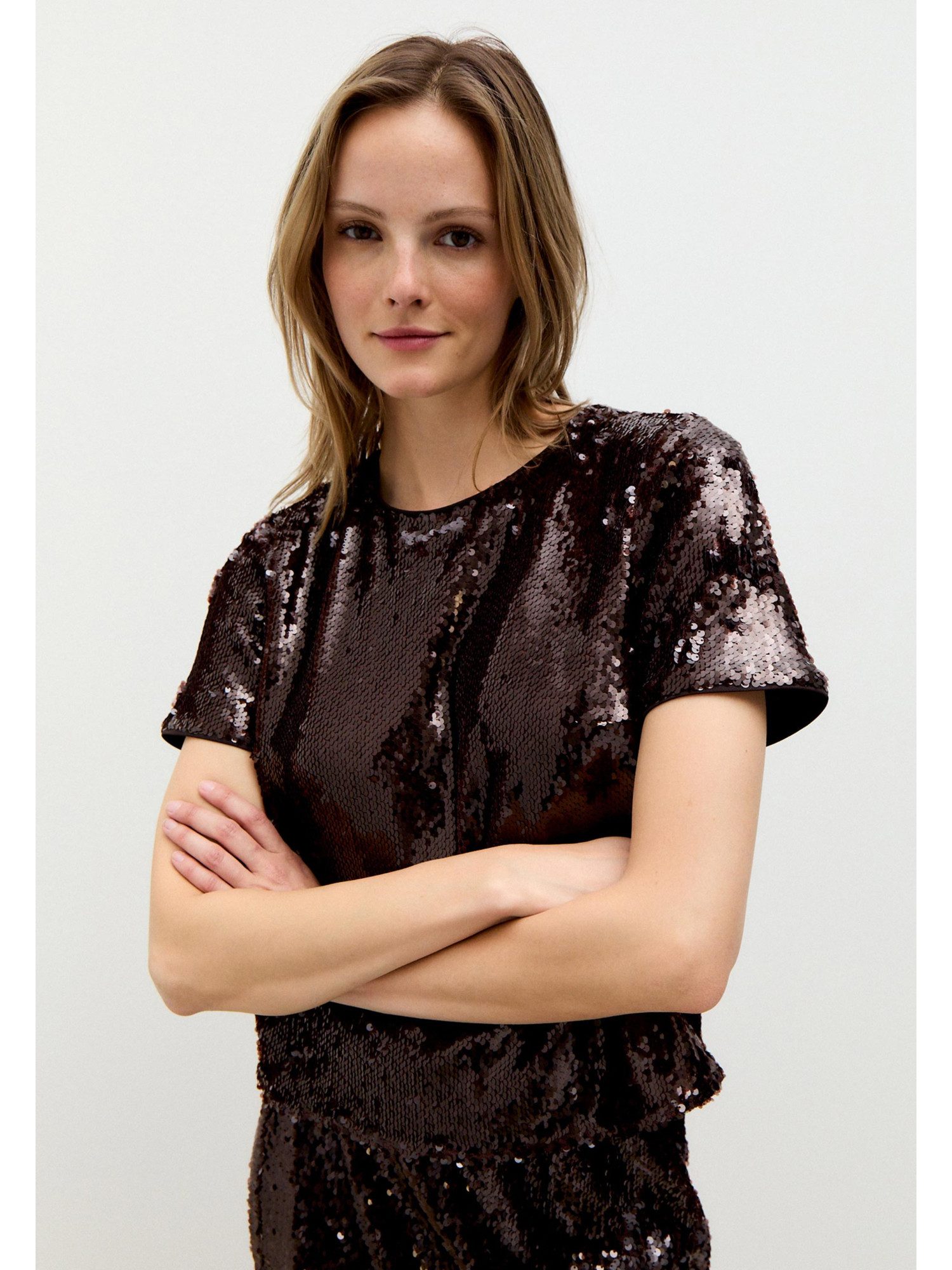 MORE&MORE Kurzarmbluse glitzernde Glam-Partybluse, Pailletten