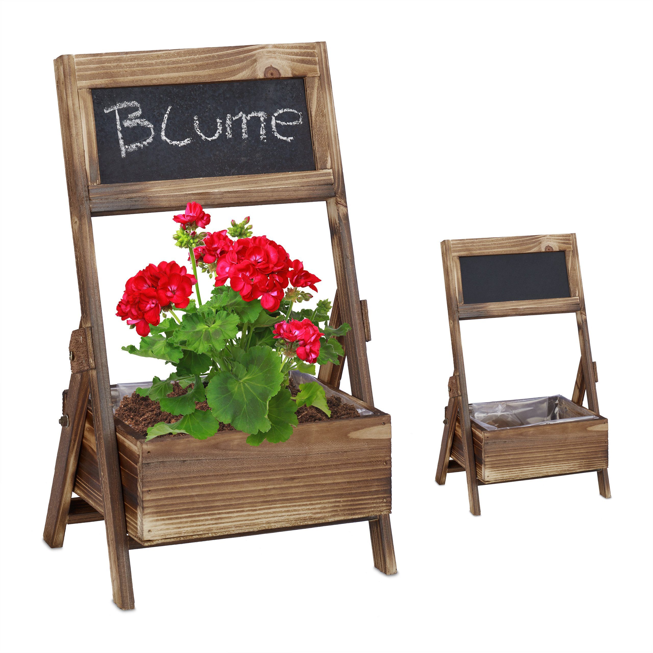 relaxdays Blumentopf Holz Übertopf mit Tafel 2er Set