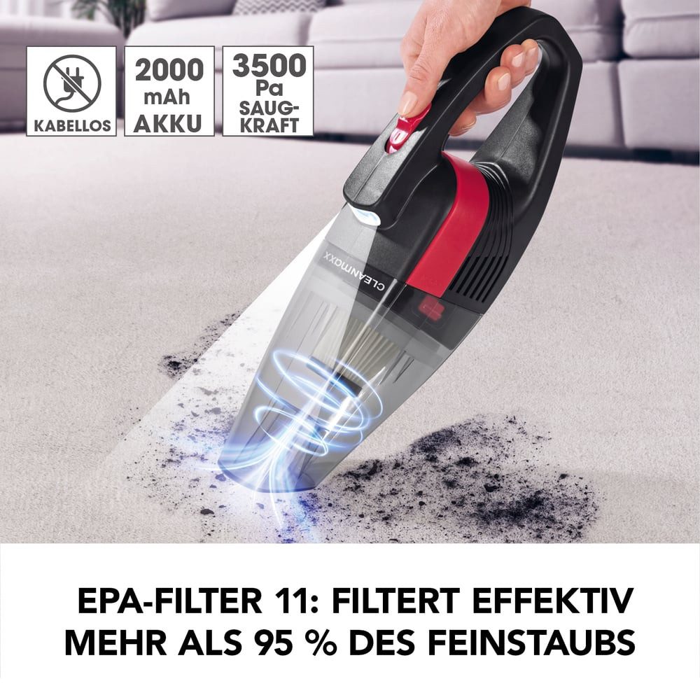 CLEANmaxx Akku-Handstaubsauger Akku Handstaubsauger, 2000 mAh, USB aufladbar grau/rot, beutellos, 7,4 V, tragbar, leicht, ideal für das Auto geeignet