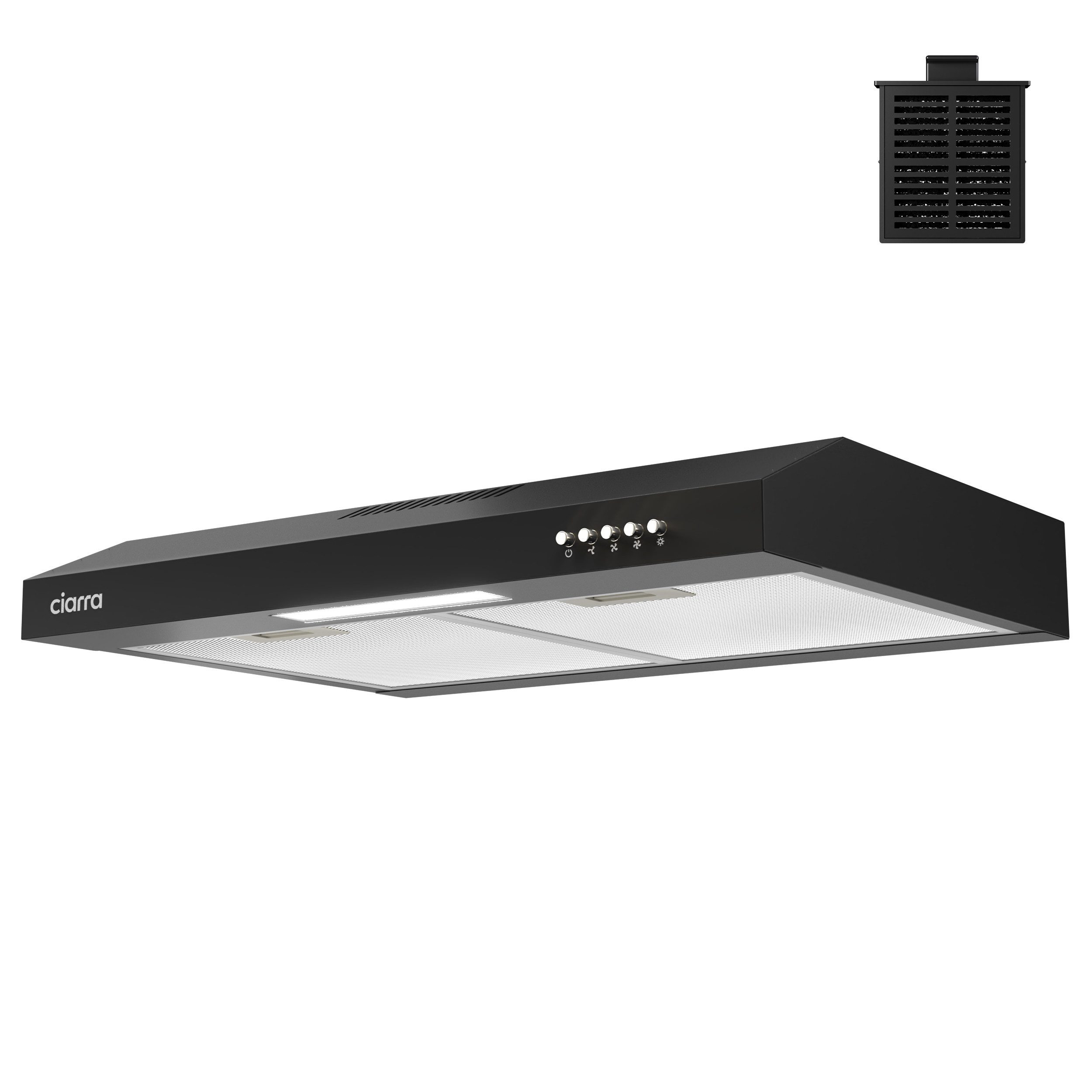 CIARRA Unterbauhaube 60 cm Dunstabzugshaube A+ Abluft & Umluft 3 Stufen VM6903DB für kleine Küchen, Aktivkohlefilter & 2 Aluminiumfilter LED Schwarz