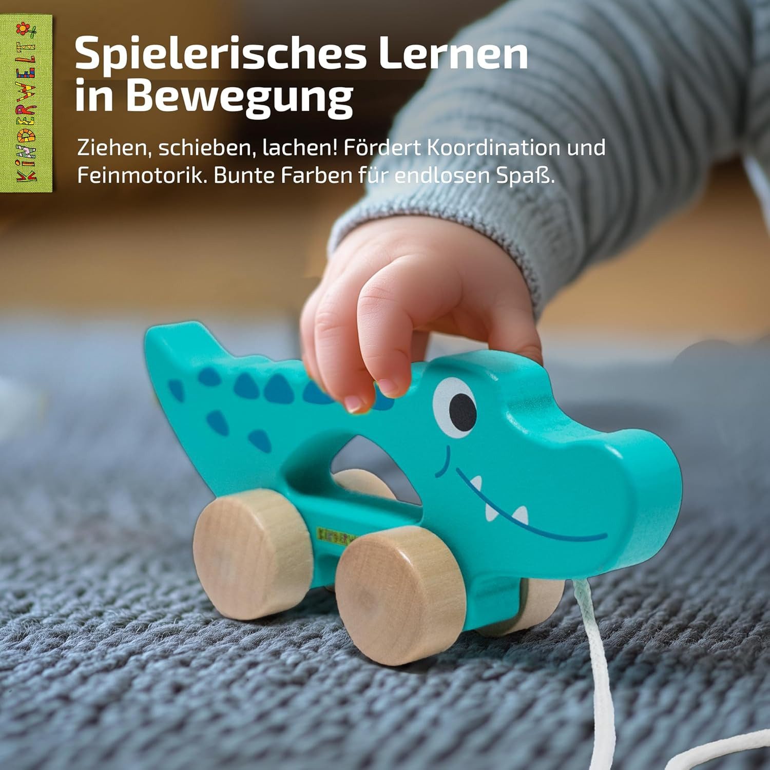 KiNDERWELT Stoffpuppe Nachziehspielzeug Krokodil aus Holz, kindgerechtes Lernspielzeug