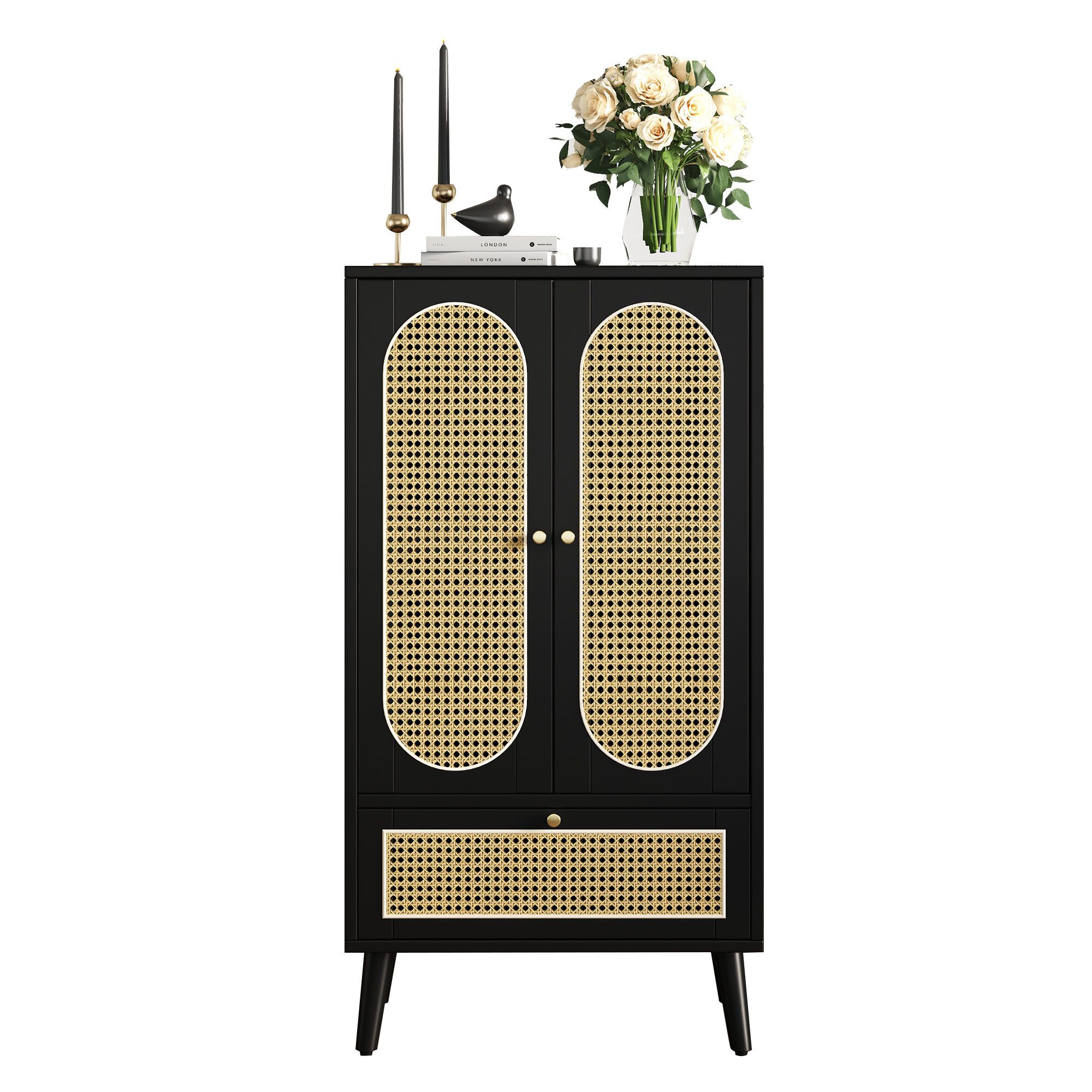 REDOM Sideboard Beistellschrank Rattan Schwarz 110 cm Hoch, mit 2 Türen, 1 günstig online kaufen