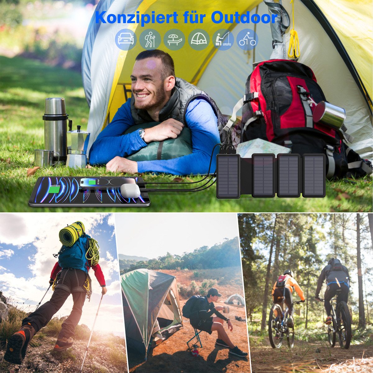 AeroAxis 30000mAh Solar Power Bank with 4 Solar Panels & USB-C – Waterproof Solar Power Bank 30000 mAh (5V), for Outdoor, Camping, Smartphone & Tablet (3 Modes LED Flashlight)