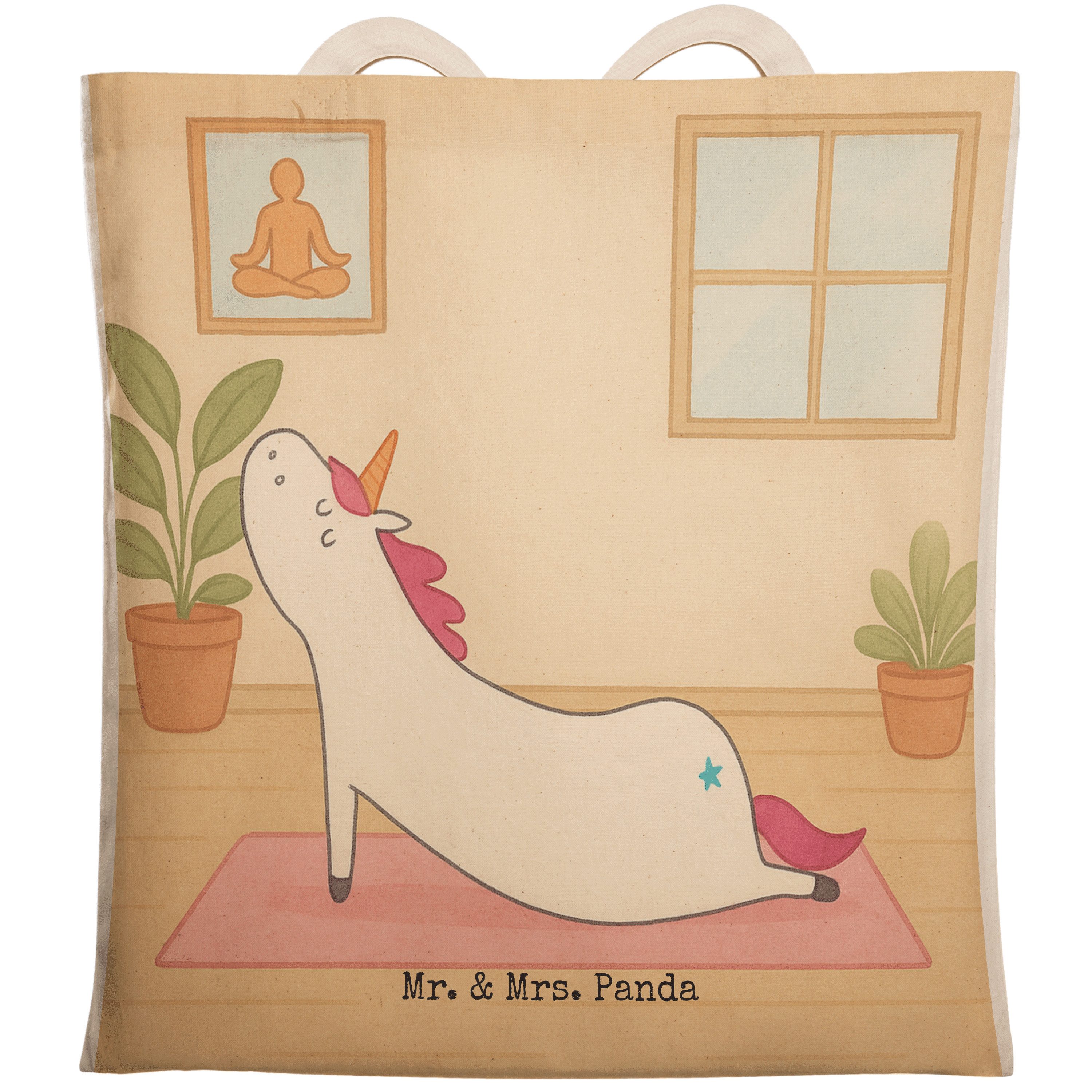 Mr. & Mrs. Panda Tragetasche Einhorn Yoga Design, Tote Bag, Weiß, Einkaufstasche, Achtsamkeit, Uni (Packung), Süß Einhörner Tragetasche Mit Spruch