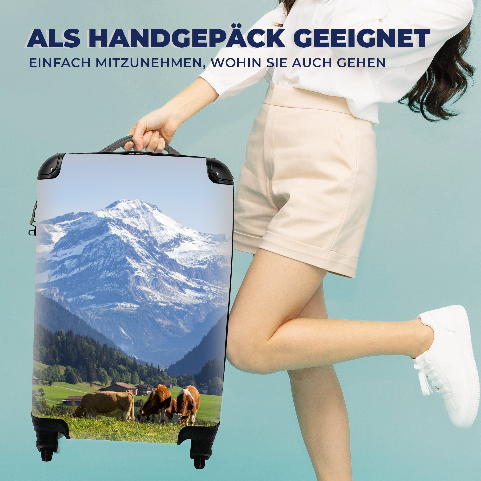 MuchoWow Handgepäckkoffer Handgepäck mit rollen, Kühe die Alpen, Reisetasche für Rollen, Reisekoffer für 4 Trolley, Ferien