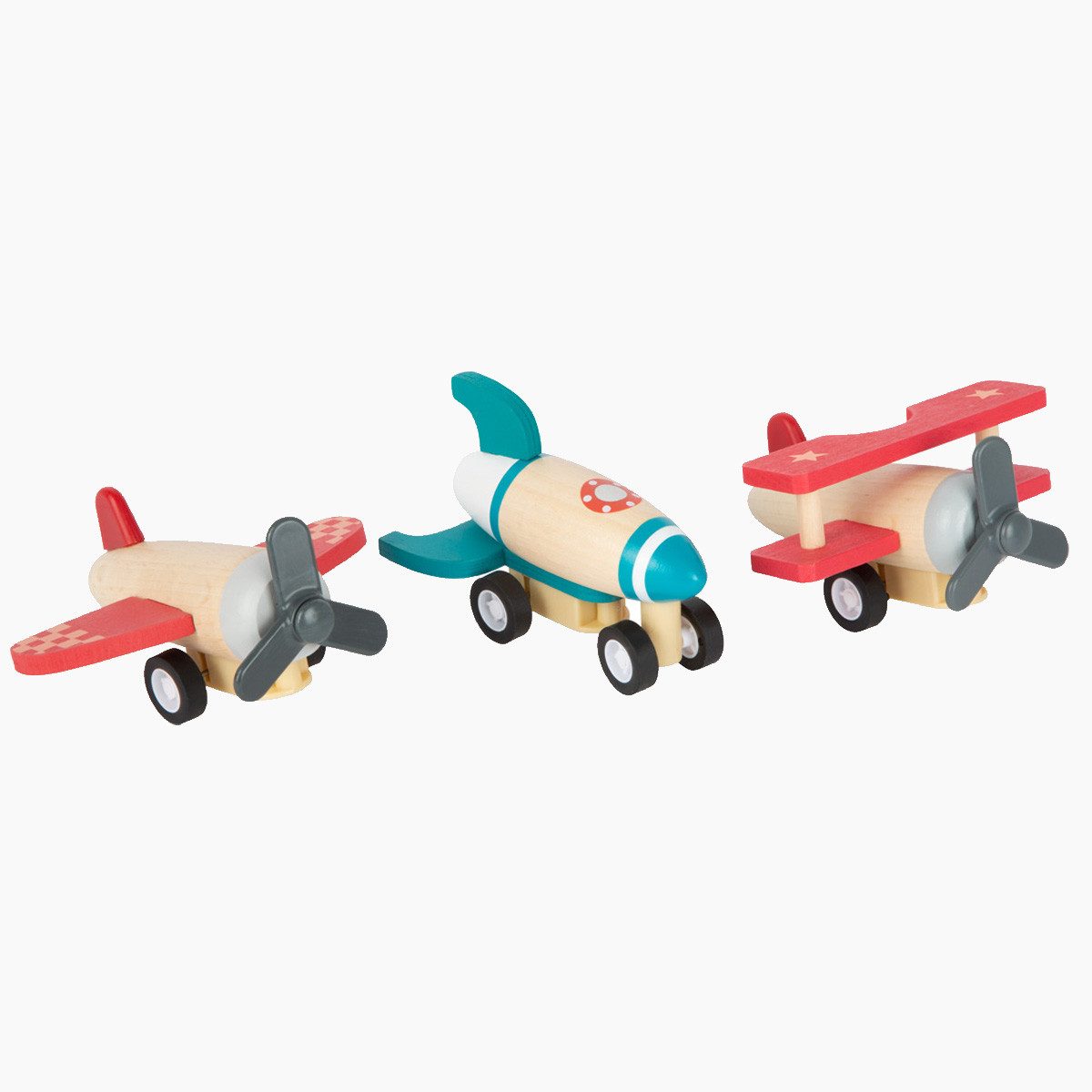 small foot GmbH & Co. KG Spielzeug-Flugzeug Rückziehflieger-3er Set, (Packung, 3-tlg., Set umfasst Flugzeug, Doppeldecker und Rakete), Set umfasst Flugzeug, Doppeldecker und Rakete