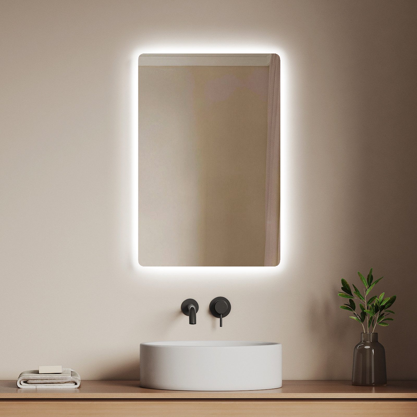 EMKE Badspiegel Druckknopfschalter Beschlagfrei Kalt/warmweiß Licht (ohne Rahmen, Höhe: 60cm), Separate mechanische Schalter, horizontal/vertikal, IP44