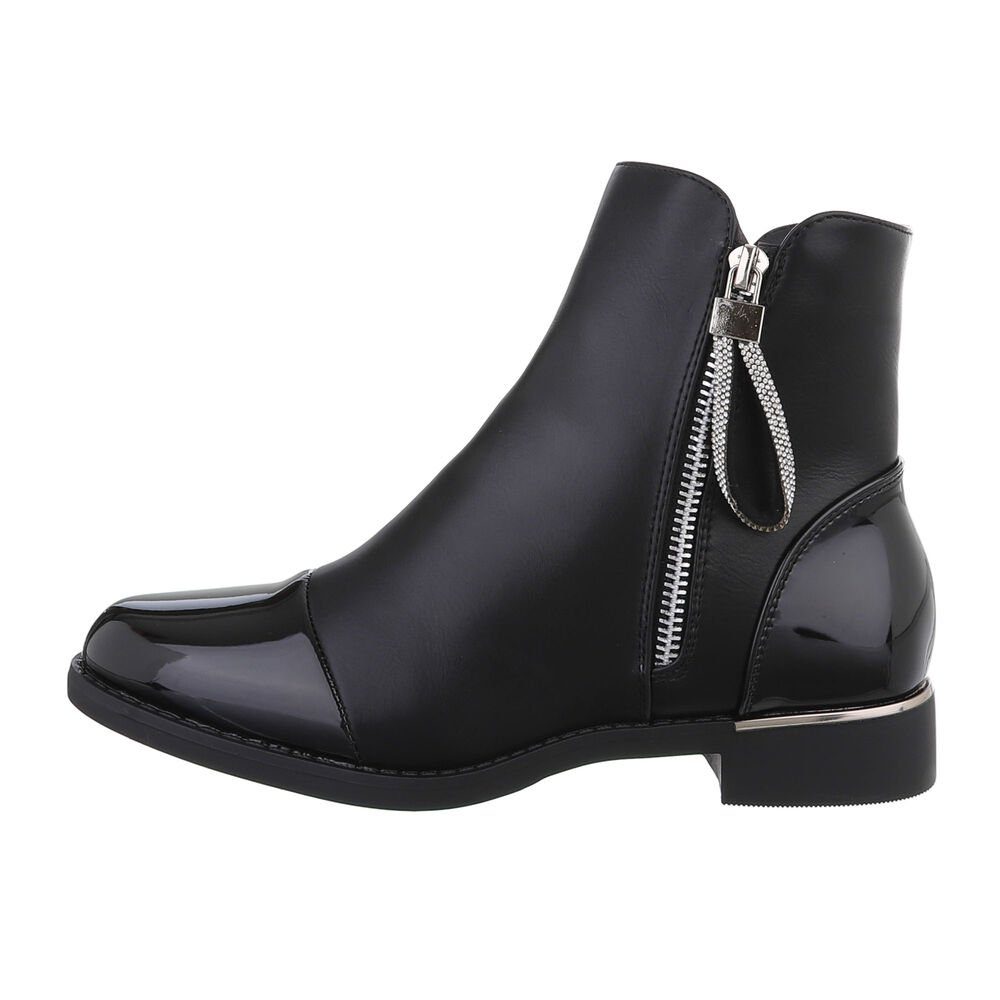 Schwarz Flache Stiefelette Ital-Design Stiefeletten in Blockabsatz Damen Elegant