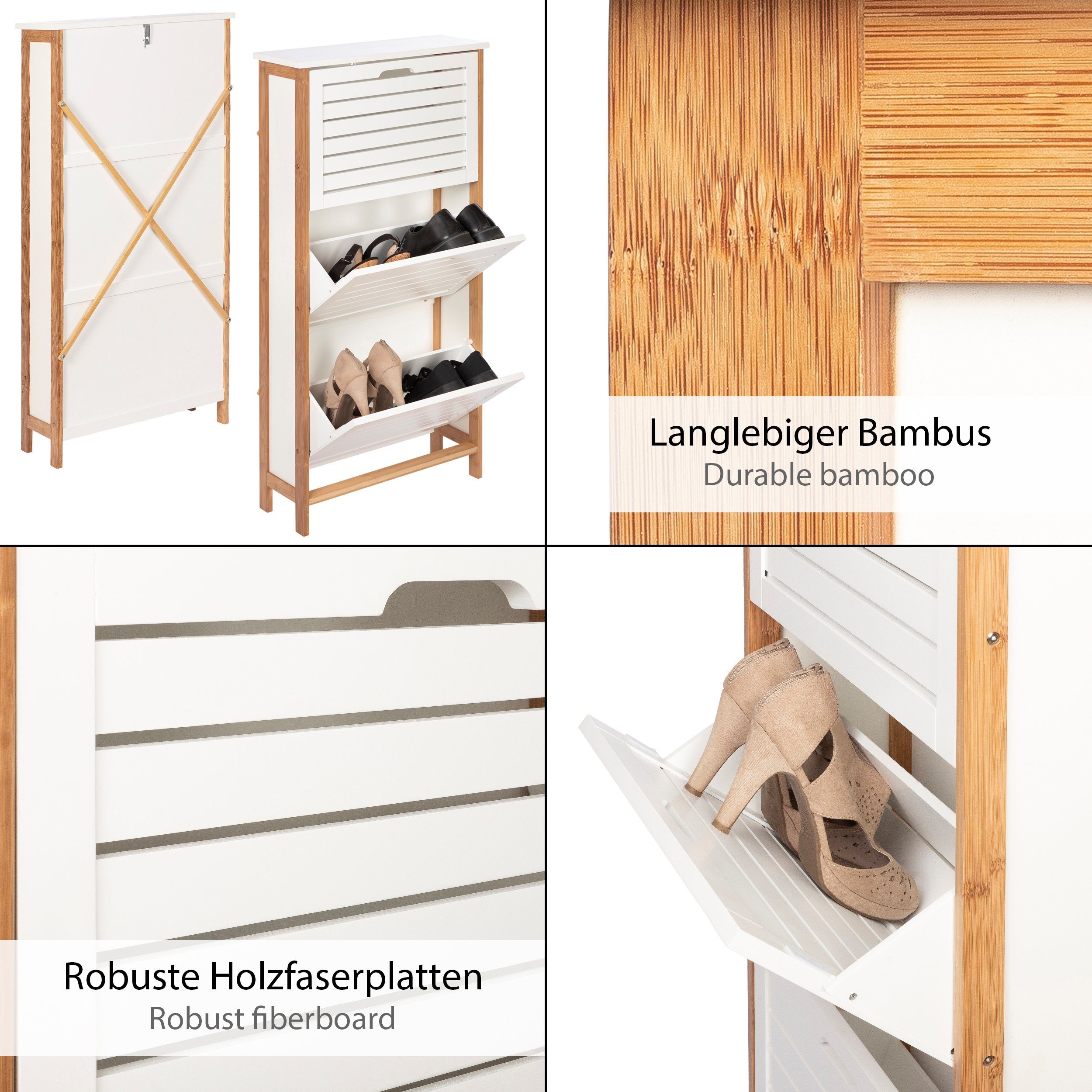 ONVAYA Schuhschrank Bambus Schuhkipper in Weiß, Platzsparender Schuhkipper mit 3 Klappen – Bild 4 von 5