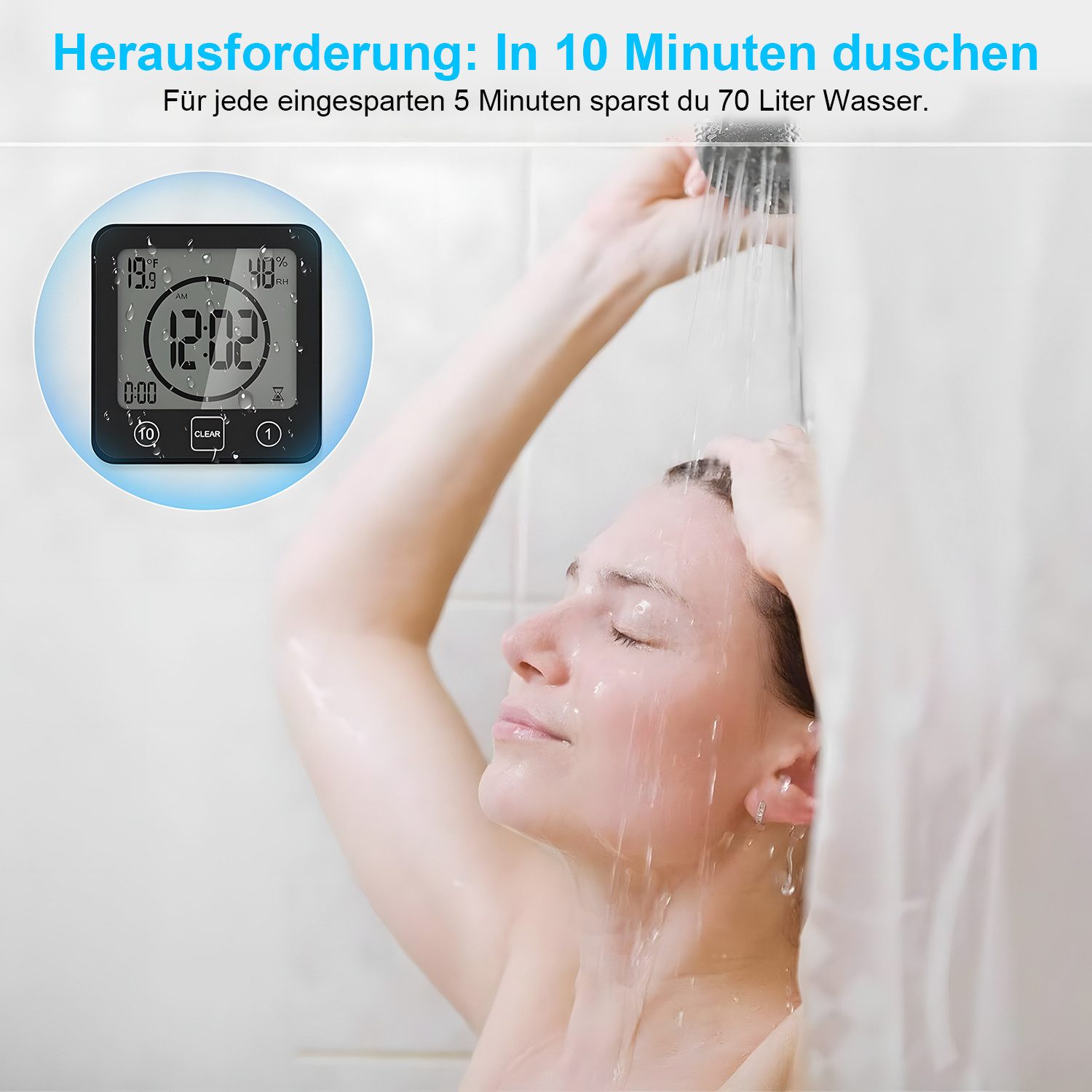 AIMAX Badezimmeruhr Duschuhr mit Saugnapf LCD Display Countdown Timer Für Dusche Küche (Luftfeuchtigkeit Temperatur Wanduhren Funkwanduhr Wecker Wasserdichte) – Bild 4 von 5