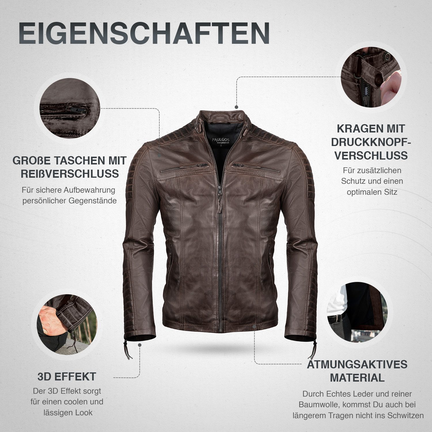 PAULGOS Lederjacke Herren Jacke Übergangsjacke Biker Look 100% Echtleder D1