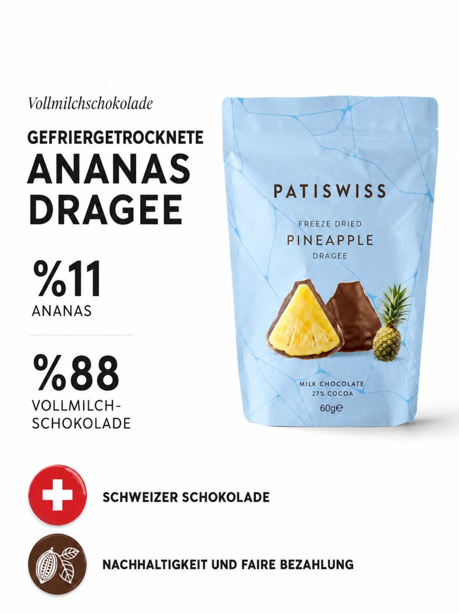 PATISLOVE Schokolade Ananas-Dragees Vollmilchüberzug, gefriergetrocknet, Fruchtsnack, 1 x 60 g, (60 g), mit gefriergetrockneter Ananas, ohne Farbstoffe