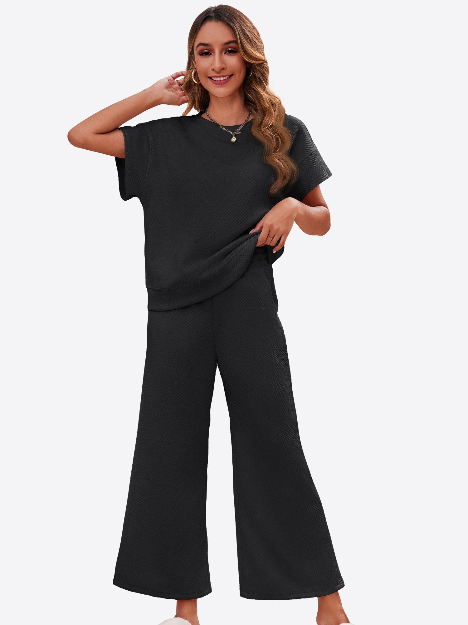 Imily Bela Hausanzug Damen Loungewear-Sets (Set, 1 tlg., Kurzarmtops + Cropped-Hosen mit weitem Bein) einfarbig