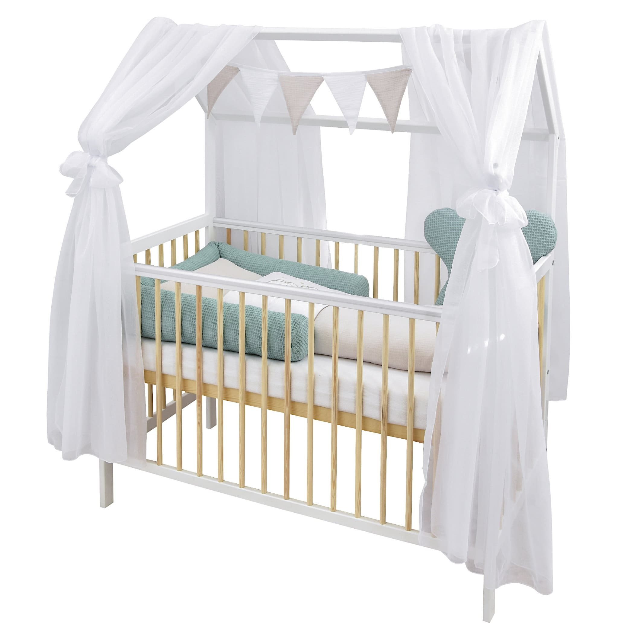 Baby-Delux Komplettbett Hausbett Babybett Komplettset Waffelpique Musselin, 12-tlg., Kinderbett 60x120 cm weiß Natur, Bettset verschiedene Designs
