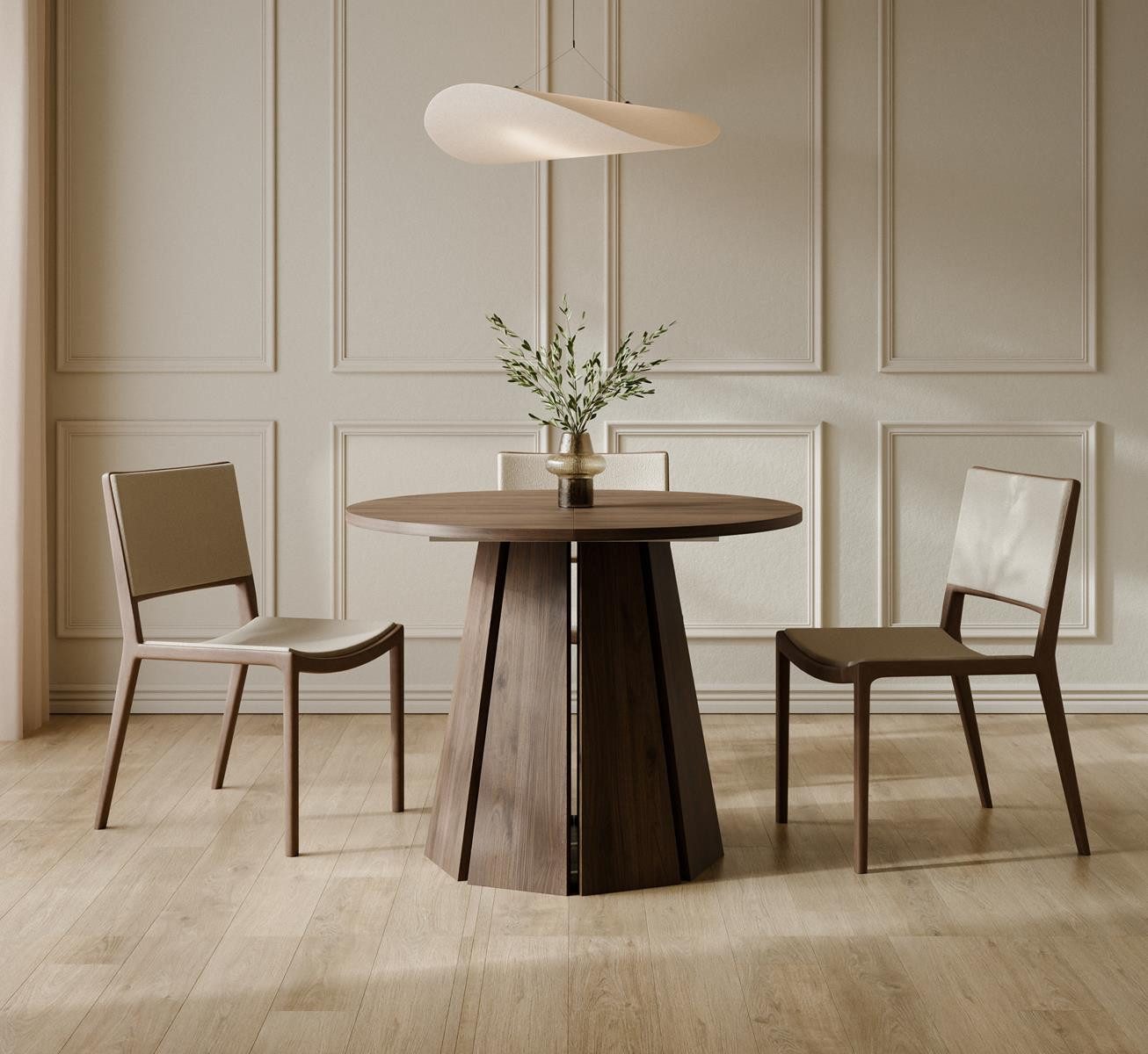 Compleo Esstisch ausziehbar 100-180, Japandi Design (Rund, Oval), Nussbaum, Eiche cremona oder Kaschmir MORI