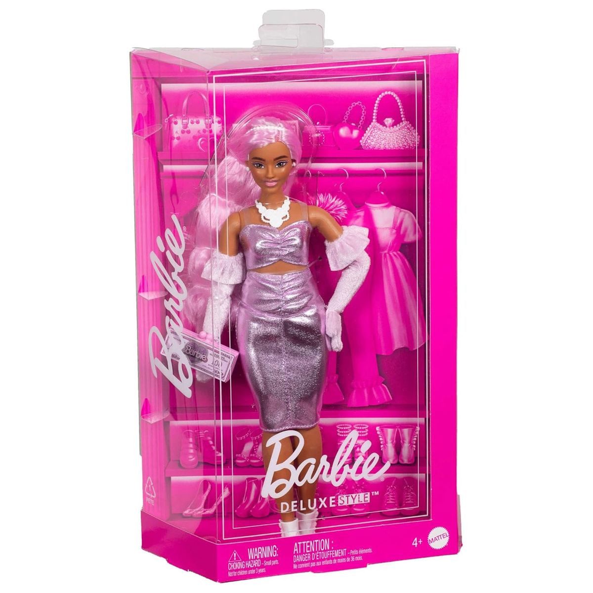 Mattel® Stehpuppe Mattel HYV25 - Barbie - Deluxe Style - Puppe mit violettem Metallic-Ou