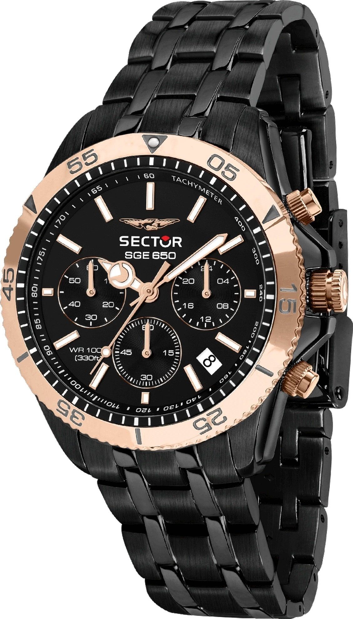 Sector Chronograph Sector Herren Armbanduhr Chrono, Herren Armbanduhr rund, groß (ca. 48x41mm), Edelstahlarmband schwarz