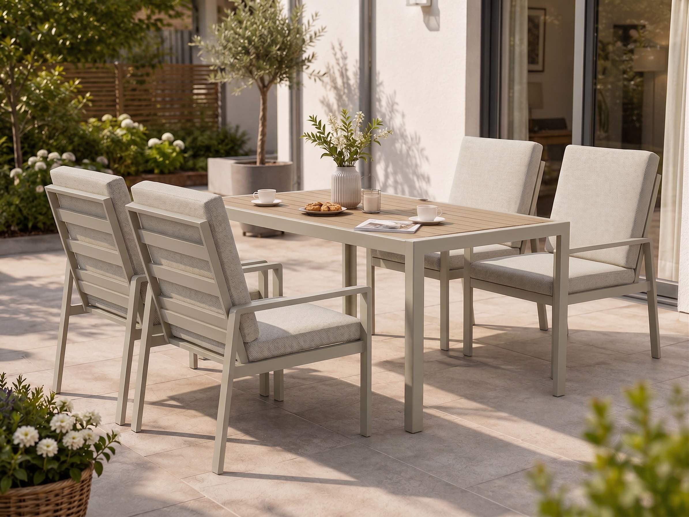 MeXo Gartenlounge-Set Gartenmöbel Set aus Aluminium mit Esstisch, (wetterfest, hoher Sitzkomfort, 5-tlg., bis 140 kg belastbar), mit pflegeleichte Polywood-Tischplatte, geeignet für 4 Personen