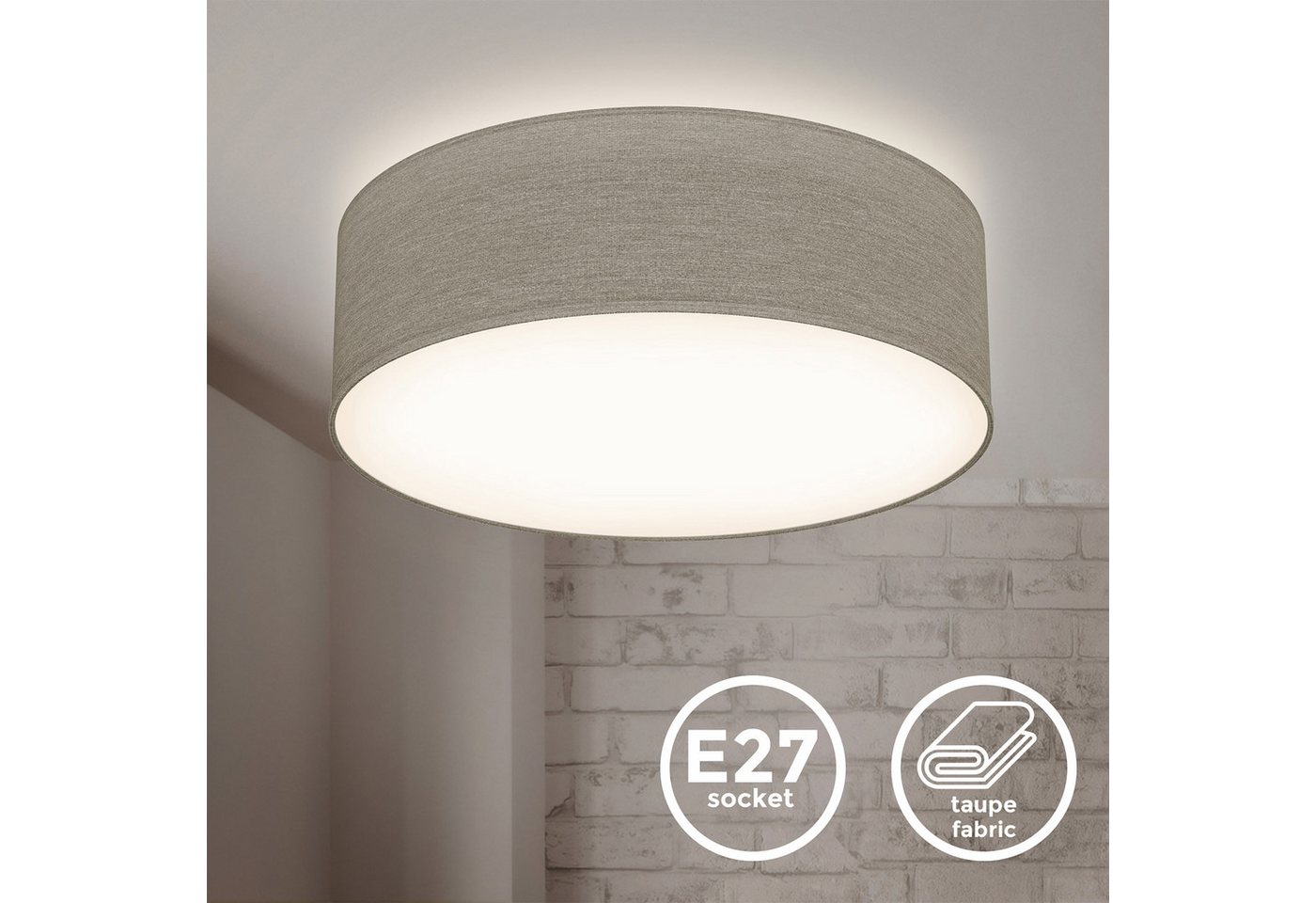 B.K.Licht LED Deckenleuchte Deckenleuchte Stoff-Deckenlampe Ø30cm 1-flammig E27 Wohnzimmer, ohne Leuchtmittel, Abhängig vom Leuchtmittel - Warmweiß / Neutralweiß / Kaltweiß, graue Stoffdeckenleuchte mit Textilschirm Schafzimmer Küche WC Bad
