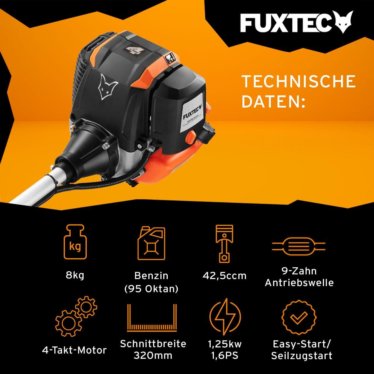 FUXTEC Benzin-Motorsense FX-4MS142, 32 cm Arbeitsbreite Messer, 4-Takt Motor mit 42,5 cm³, 3-Zahn-Metallblatt, 440 mm Fadendurchmesser
