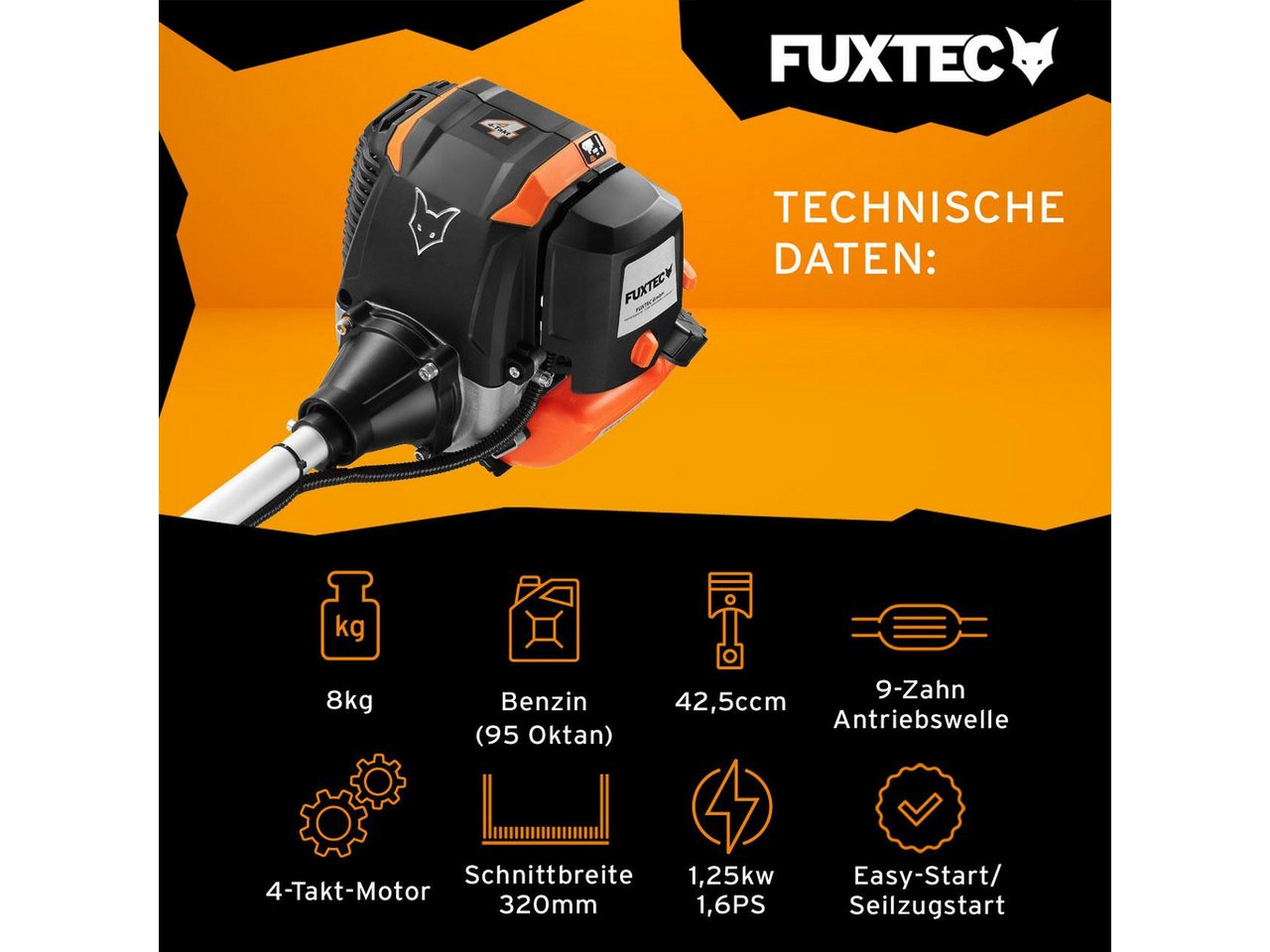 Thumbnail - FUXTEC Benzin-Motorsense FX-4MS142, 32 cm Arbeitsbreite Messer, 1.7PS, 42.5ccm, 32cm Schnittbreite, Profi-Komfort-Trageg...