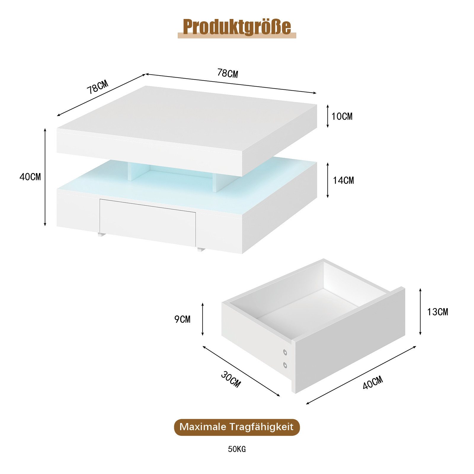 radelldar Couchtisch mit LED-Beleuchtung, 2 Schubladen und verdecktem Stauraum (1-St), Wohnzimmertisch matt 78x78x40 cm