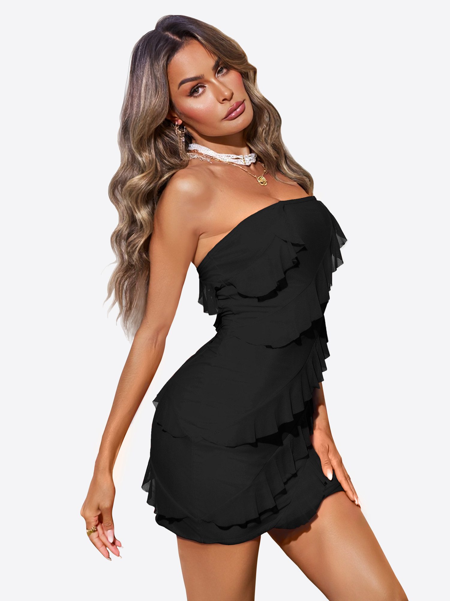 Imily Bela Minikleid Damen schulterfrei ärmellos mit diagonalen Rüschen Club Party (Packung, 1-tlg., 1per-Pack) in Unifarbe – Bild 4 von 5