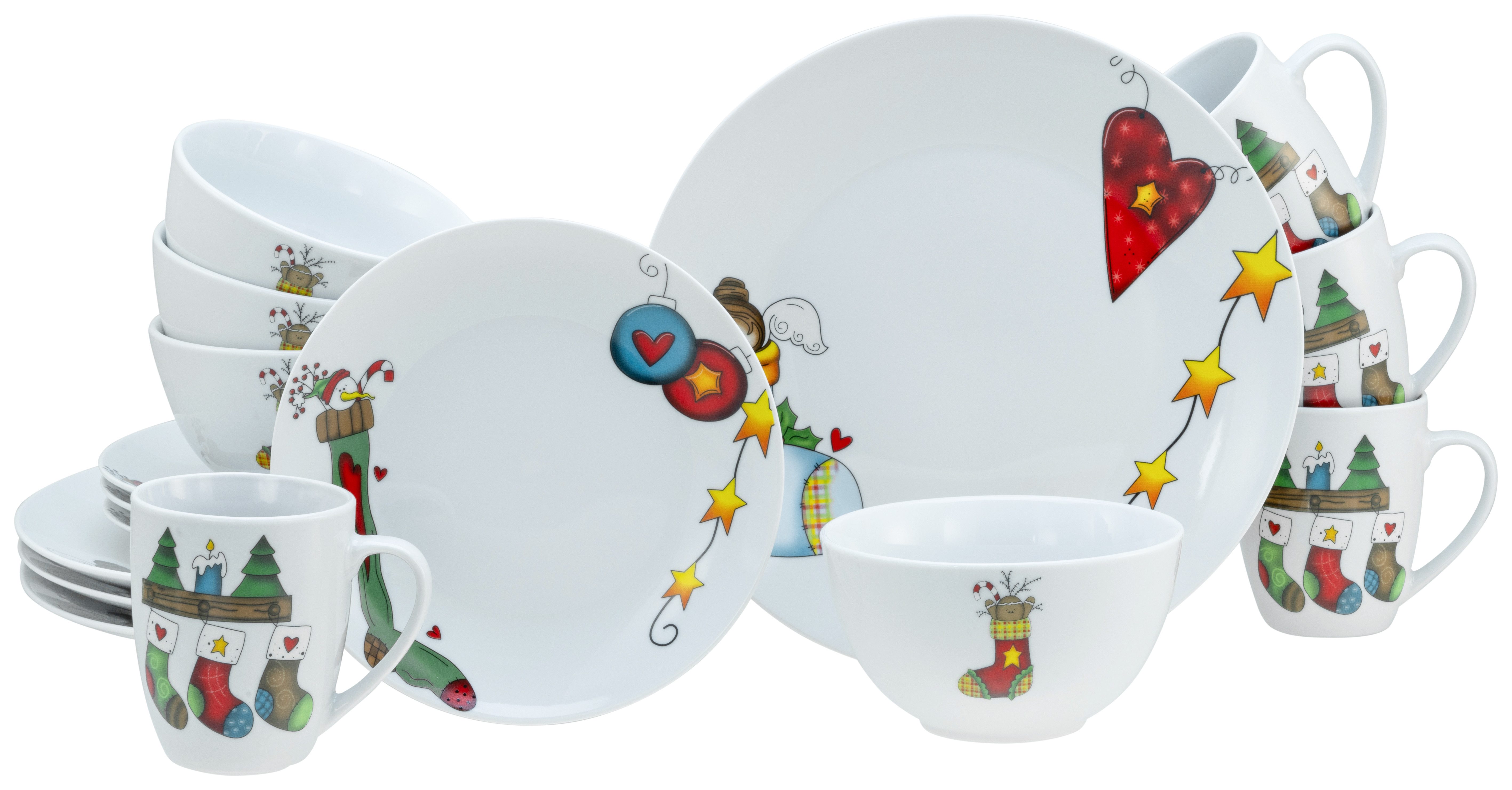 creaTable Kombiservice Luna Socken, Kombi-Service 16-tlg (16-tlg), 4 Personen, Porzellan, Winterlicher Dekor mit lustigen Sockenmotiven