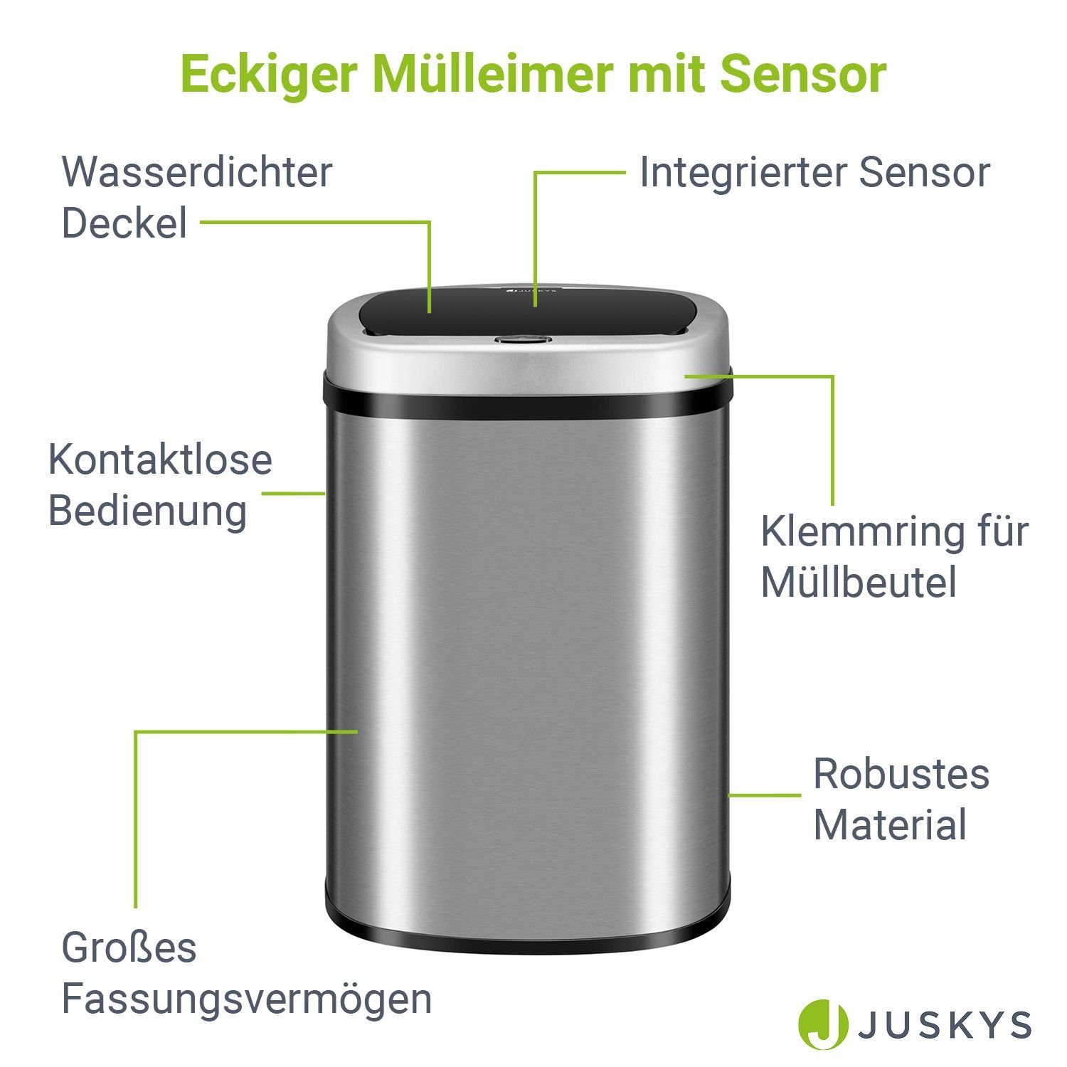 geräuscharm batteriebetrieben, Juskys intelligenter Sensor, Silber rostfrei, 50 L, Mülleimer,