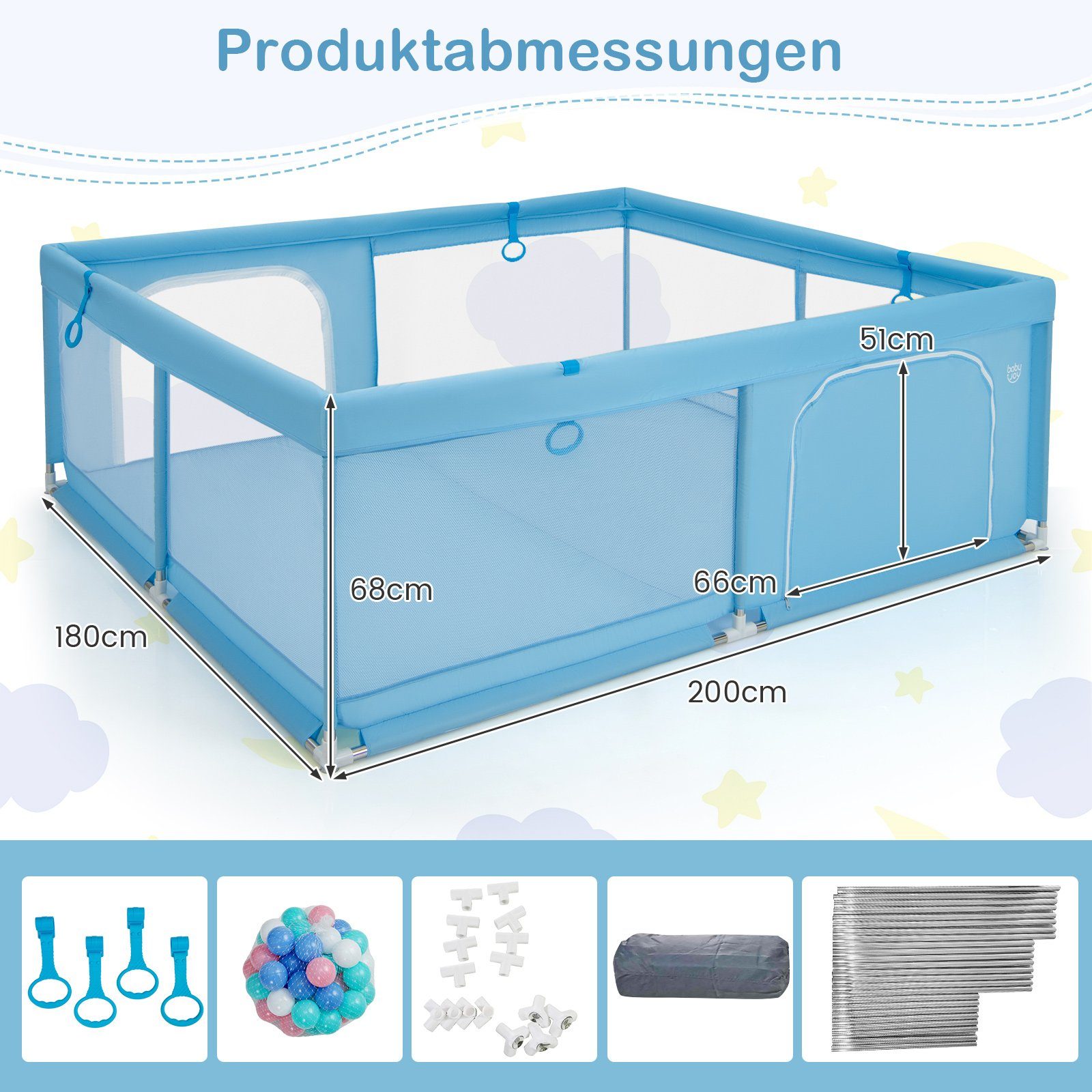 COSTWAY Laufstall Baby Laufgitter, 200 x mit blau 180cm, Bällen 50