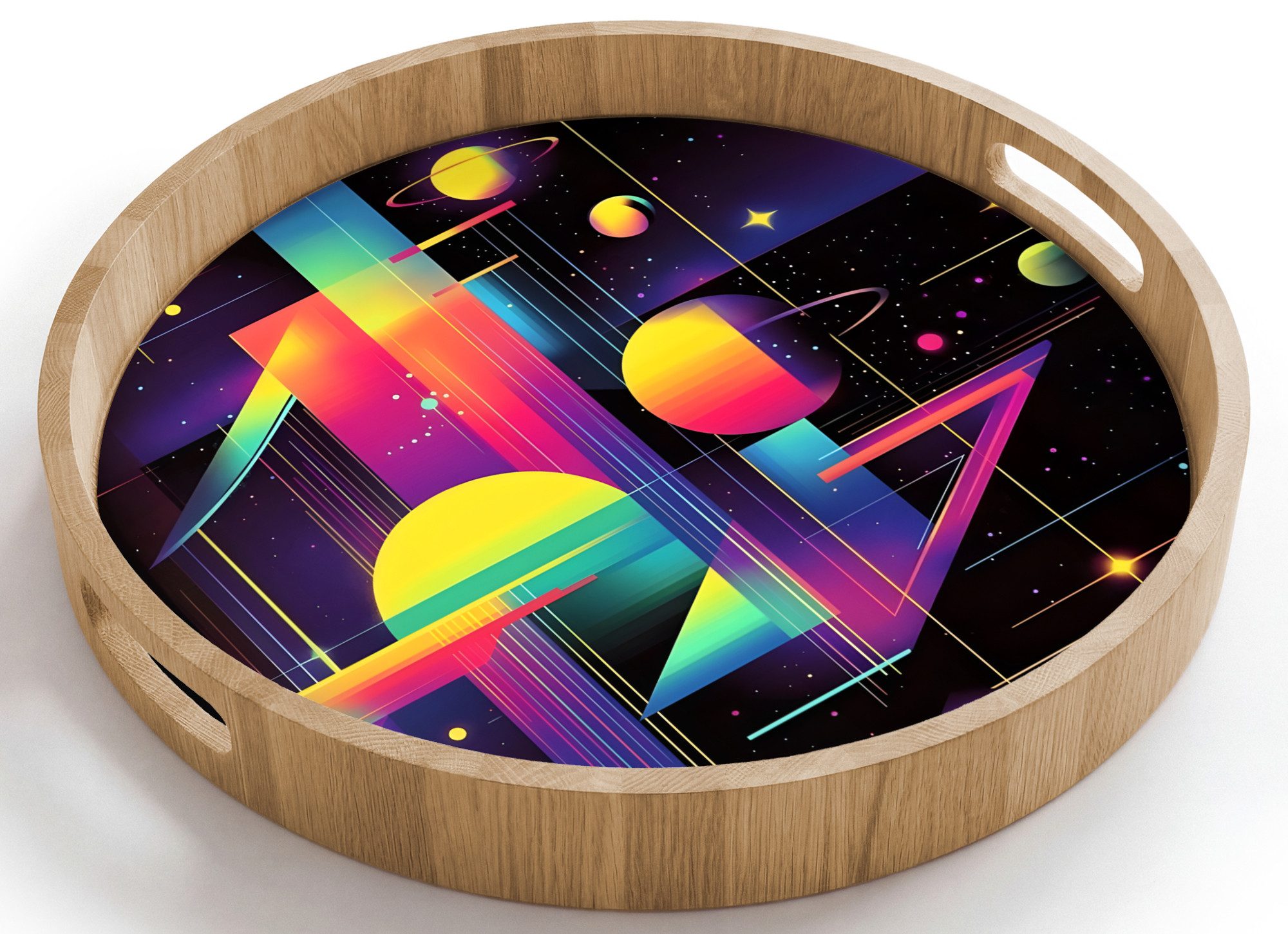 OnlyWow Tablett Rund mit Henkel Palmen - Neonberge - Sternenhimmel