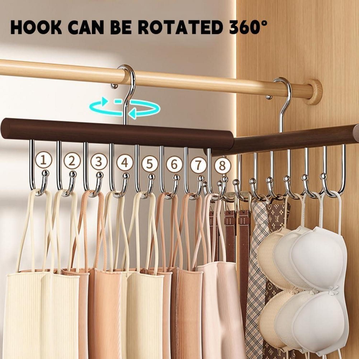 LuxusKollektion Krawattenhalter Gürtelhalter Holz 2er Set 8 Haken Dunkler Kleiderbügel aus Holz
