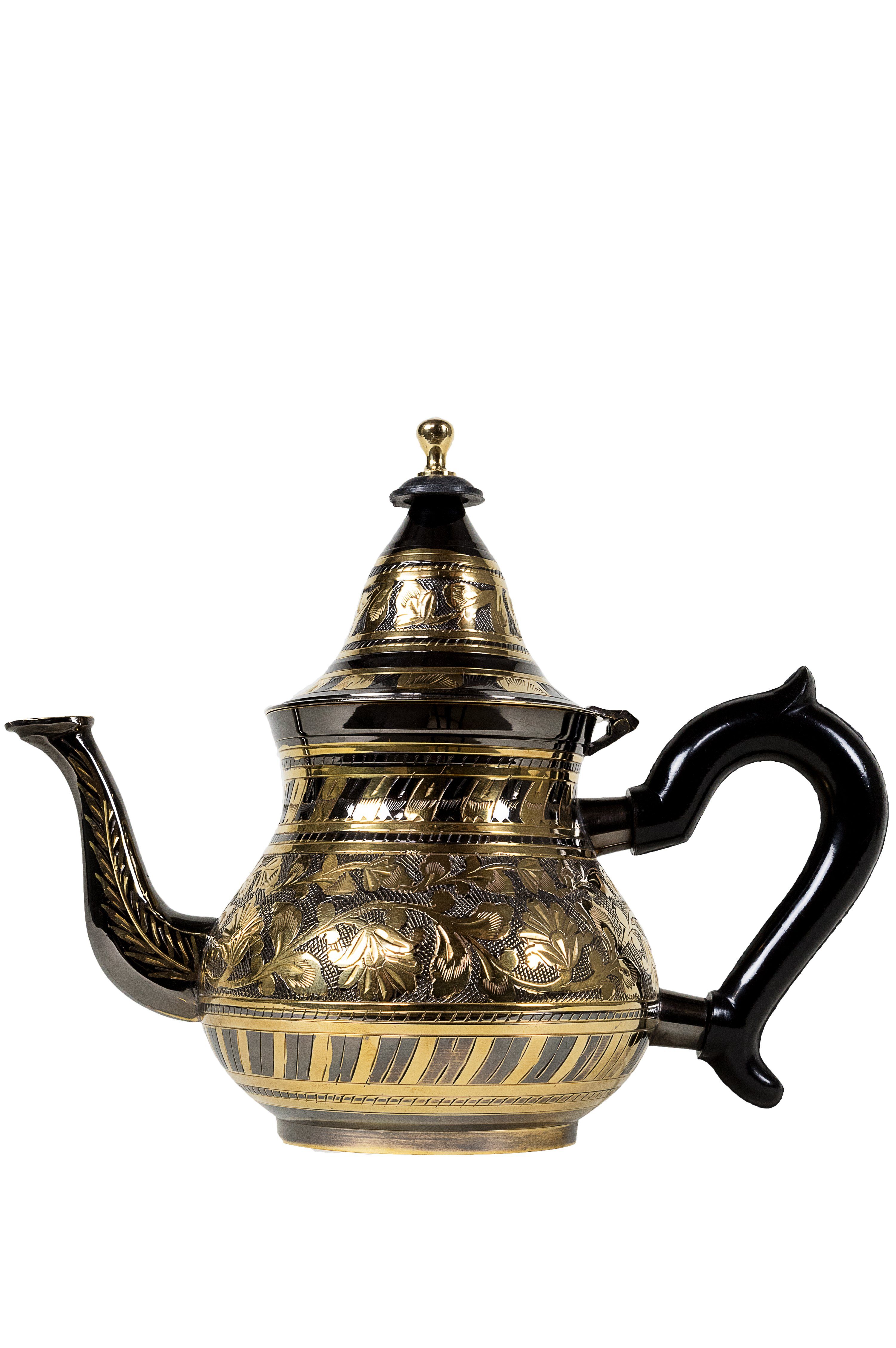 Marrakesch Orient & Mediterran Interior Teekanne Marokkanische Teekanne aus Messing Bakir Schwarz-Goldfarbig mit Sieb und Kunststoffgriff, Orientalische Kanne mit Deckel, Traditionelle Messingteekanne, 0,8 l, Handarbeit