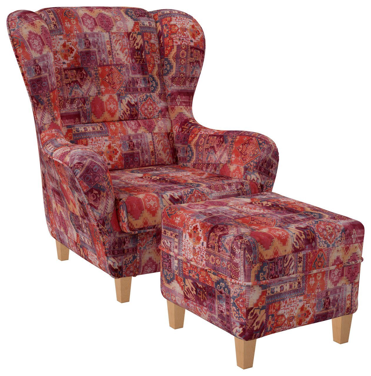 Supellex Ohrensessel Sofia, Relaxsessel mit Hocker, Design Samt-Velours, Orient Rot | Ohrensessel