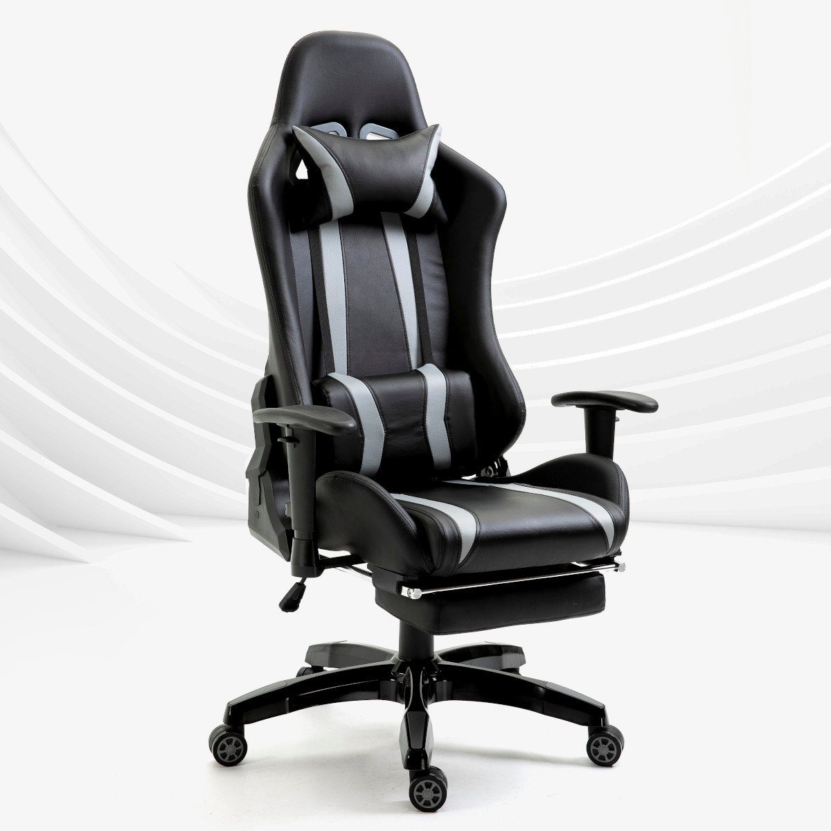 SVITA Gaming Chair GAMYX (1 St), ausziehbare Fußablage, verstellbare Armlehnen, Lenden- & Nackenkissen Schwarz mit grauen Streifen | Schwarz mit grauen Streifen
