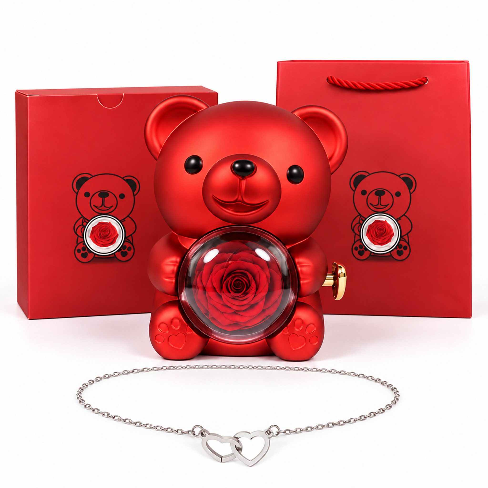 Kunstblume Ewige Rose Valentinstagsgeschenk, Rosenbär, Halskette mit Verpackung, Norvéa Home, Umfangreiches Geschenkset mit einer Halskette & ewigen Rose