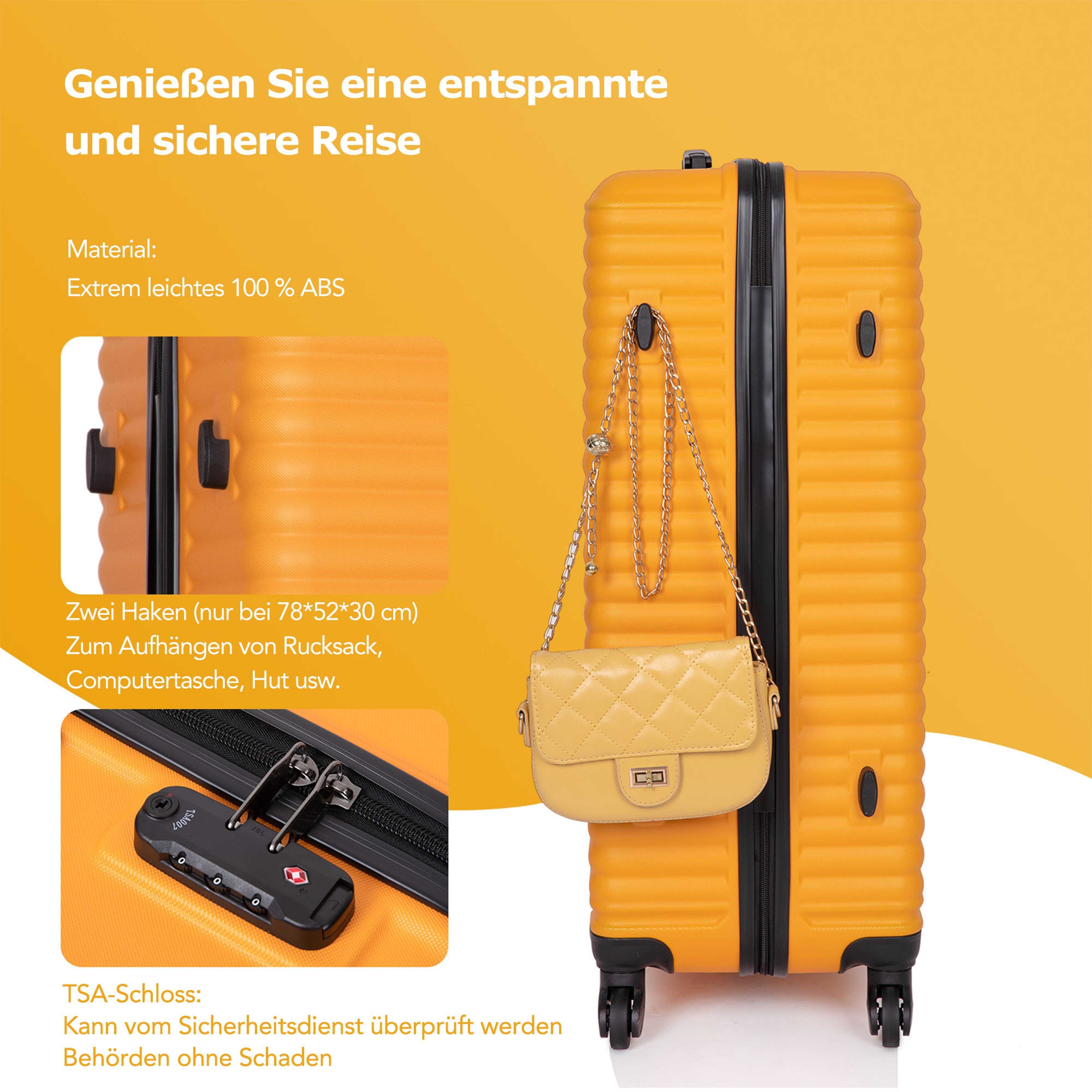 Ulife 23 58,5 - Gelb 4 * Rollen, * 39,5 mit cm Rollen, 360° TSA-Schlos,ABS-Material, Hartschalen-Trolley Reisekoffer