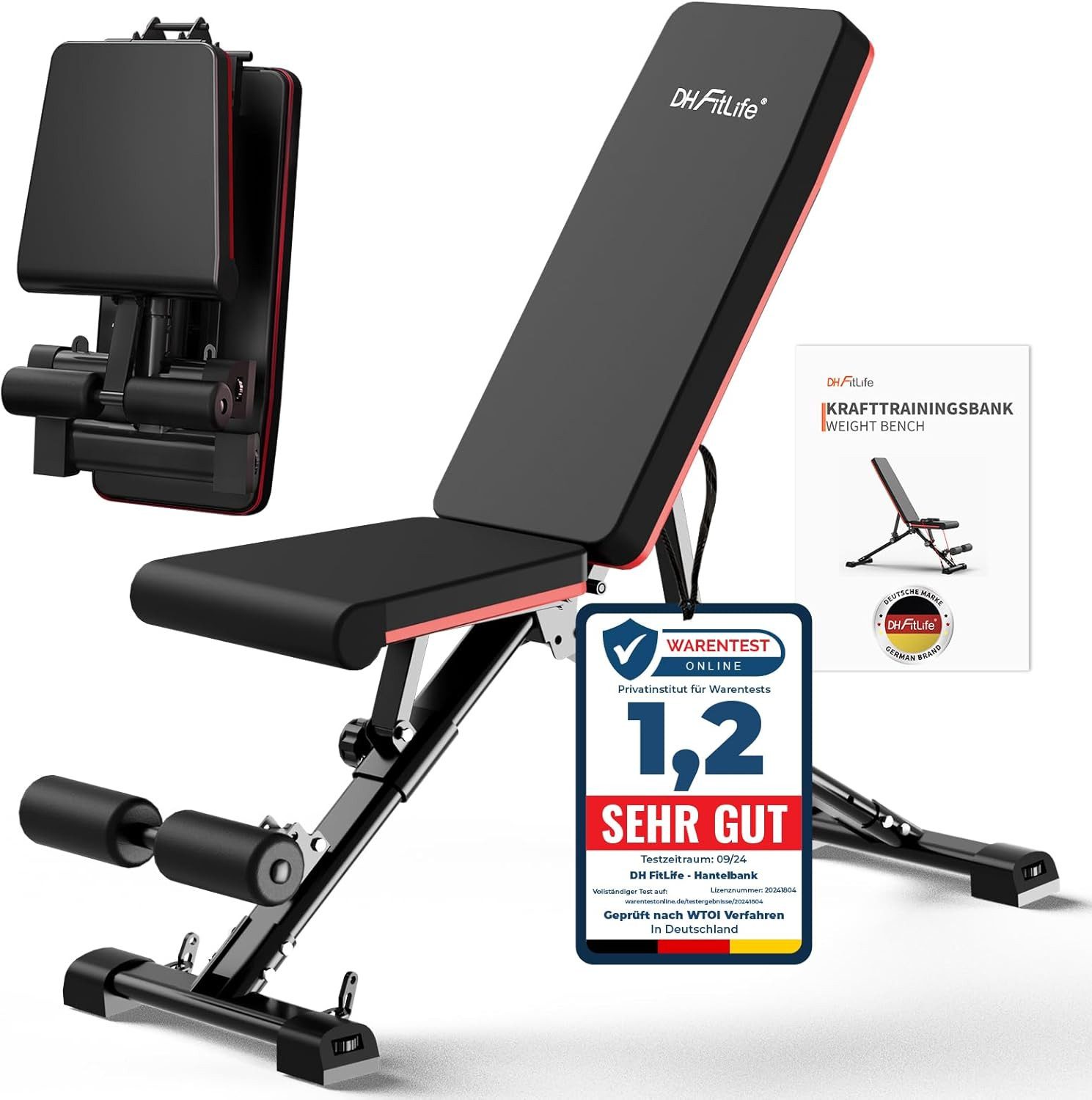 DH FitLife Hantelbank klappbar verstellbar, (7-fach verstellbare Rückenlehne & 3-fach Sitz, multifunktional für Flachbank & Schrägbank, stabil & platzsparend), Trainingsbank Fitnessbank multifunktional für Fitness u. Krafttraining