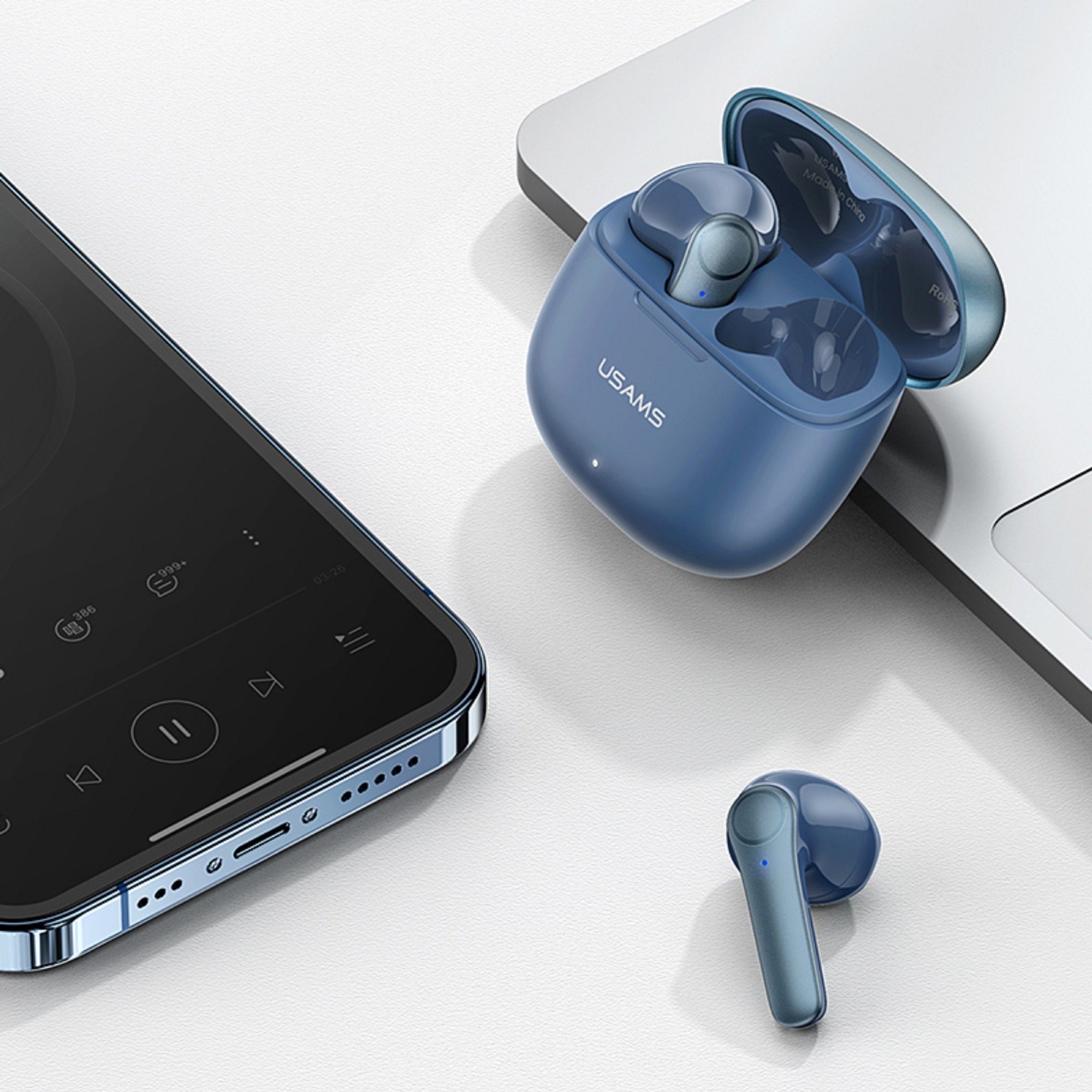 Huawei Smartphone Touch (Bluetooth, Bluetooth-Kopfhörer USAMS Ohrhörer Blau 5.1 Bluetooth Bluetooth, Samsung BT Kabellos für Kopfhörer TWS In-Ear Control, LG) Touch-Funktion, iPhone