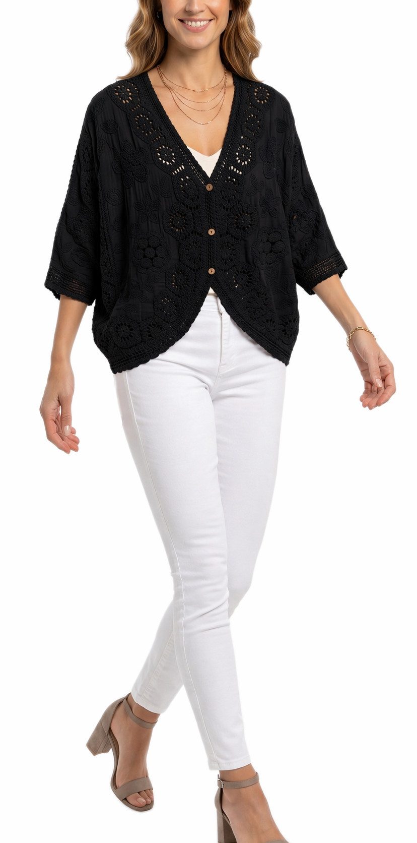 dy_mode Cardigan Damen Häkel Cardigan Kurze Sommerjacke Häkeloberteil Sommerjacke in Unifarben, mit Fledermaus-Ärmeln