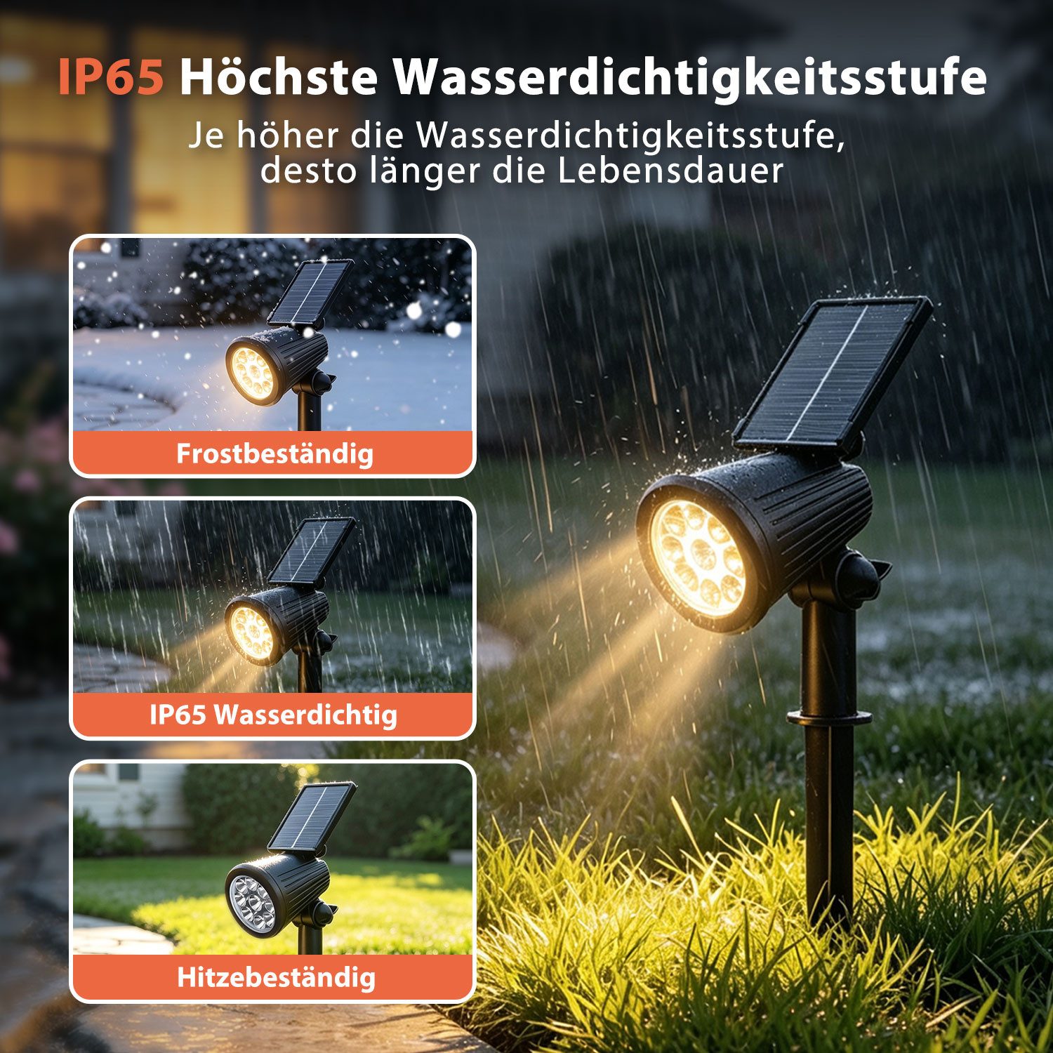 Clanmacy LED Gartenstrahler LED Solar Gartenleuchte mit Erdspieß Solarleuchte IP65 3W Warmweiß, Warmweiß – Bild 4 von 5