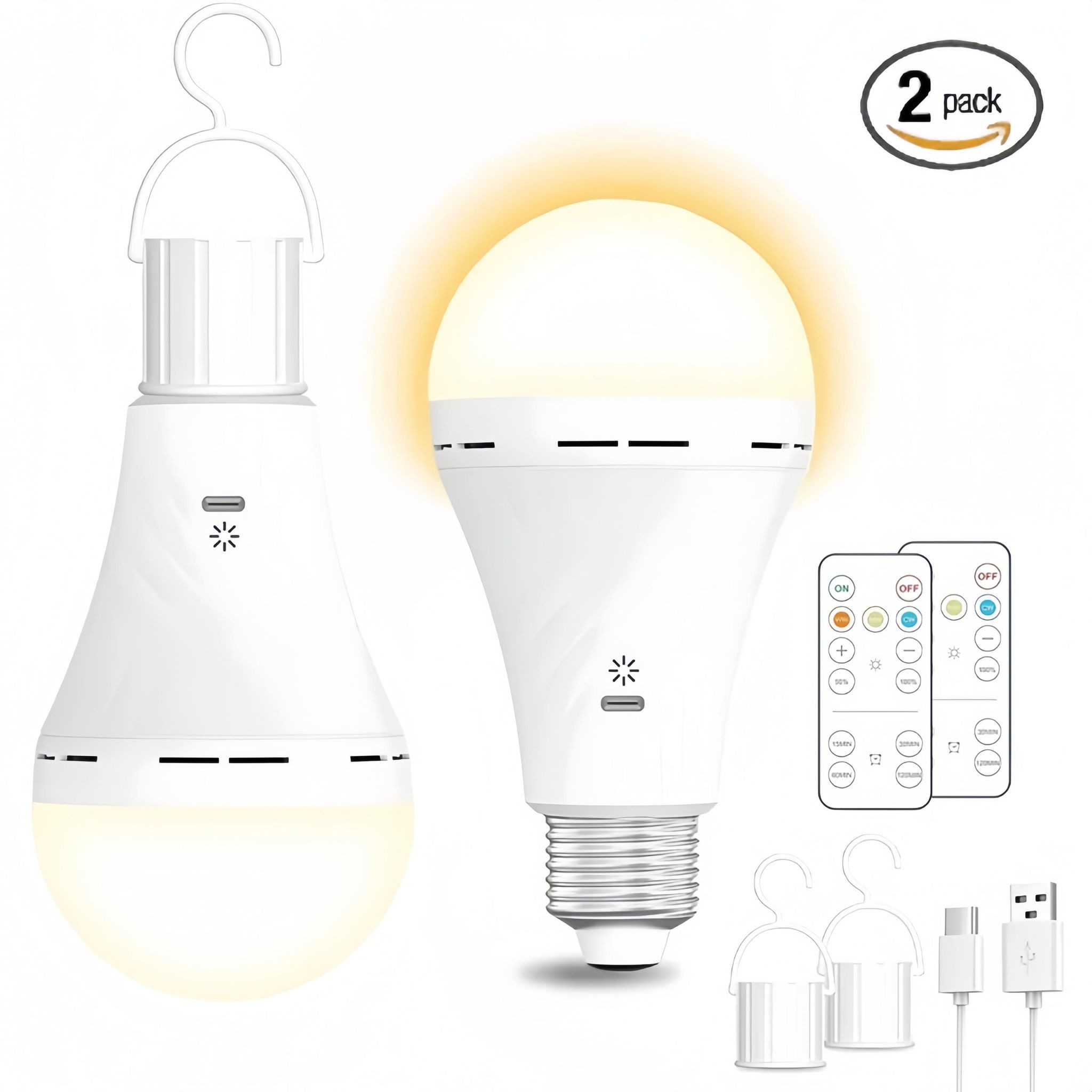 FELIXLEO Außen-Tischleuchte 2er LED Glühbirne 2600mAh USB Rechargeable Fernbedienung E27 Haken