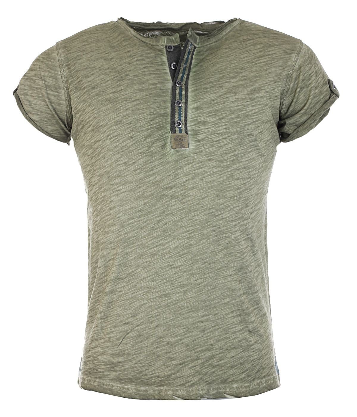 Key Largo T-Shirt für Herren Arena button vintage Look MT00023 mit Knopfleiste unifarben kurzarm slim fit Grün | T-Shirts