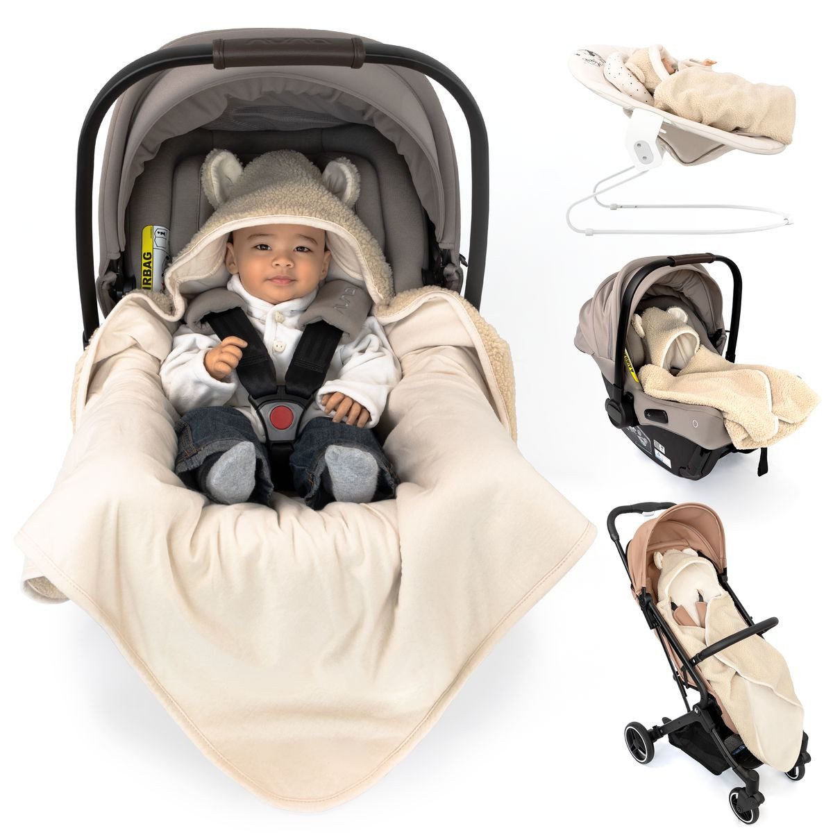 Zamboo Fußsack Teddy - Beige, Baby Einschlagdecke Kuschelige Babydecke mit Öhrchen & Gurtschlitzen