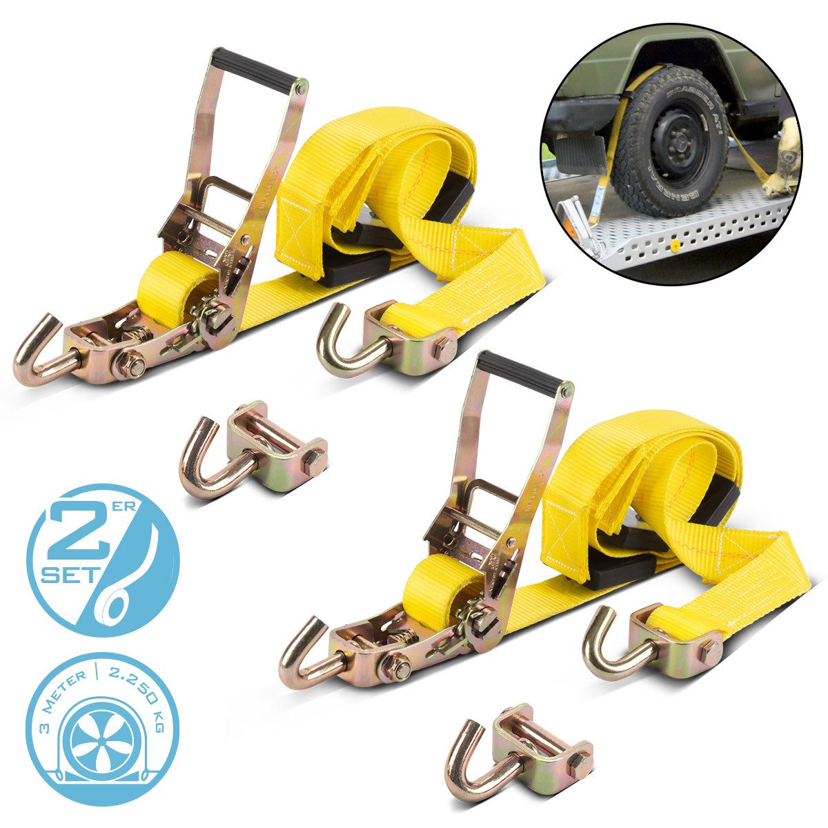 STAHLWERK Spanngurt Radsicherung TRS-50 ST 2er Set 3 m x 50 mm 2.250kg (Packung, 2-St., Set) mit Ratsche und Haken