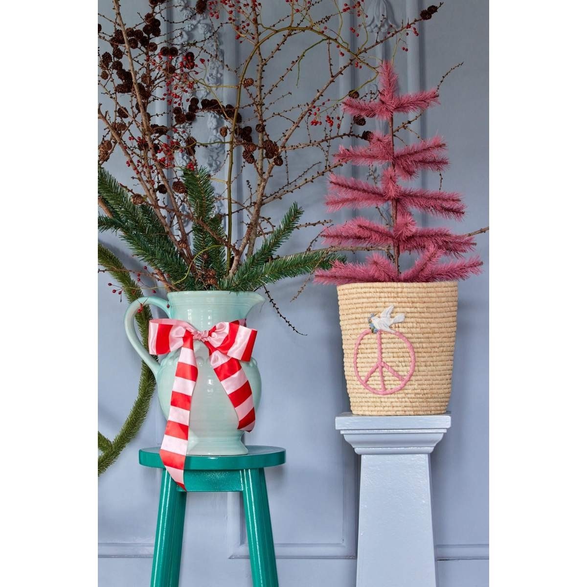 rice Aufbewahrungskorb Raffia Aufbewahrungskorb mit Peace-Stickerei und Taubenmotiv