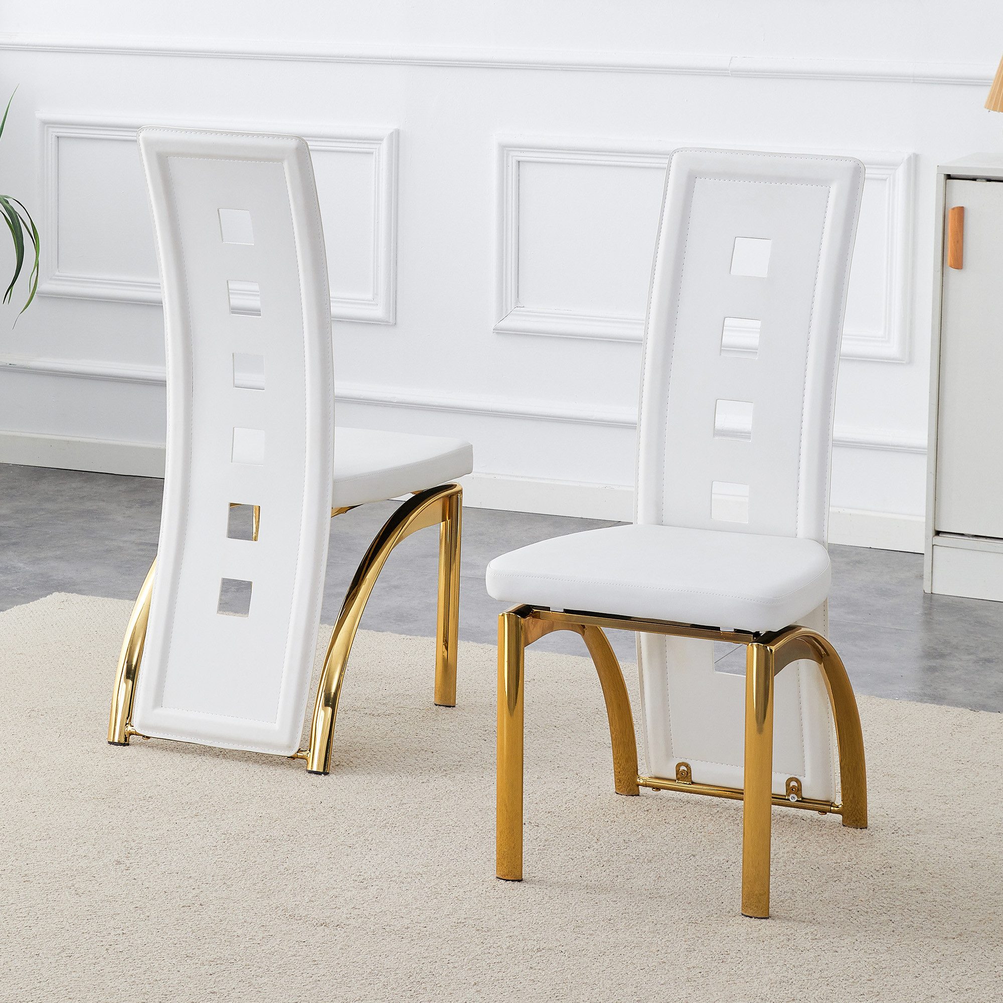 Esszimmerstuhl 2 Esszimmerstühle Design, weißes PU matt, goldene Beine, 102,5 cm