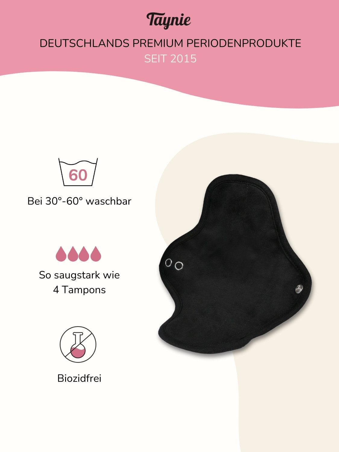 Taynie Binden Waschbare Binde mittel - wiederverwendbare Stoffbinde mittlere Blutung, Mittelstark, 1-St., Waschbare Binden / Wiederverwendbare Stoffbinden aus Bio-Baumwolle